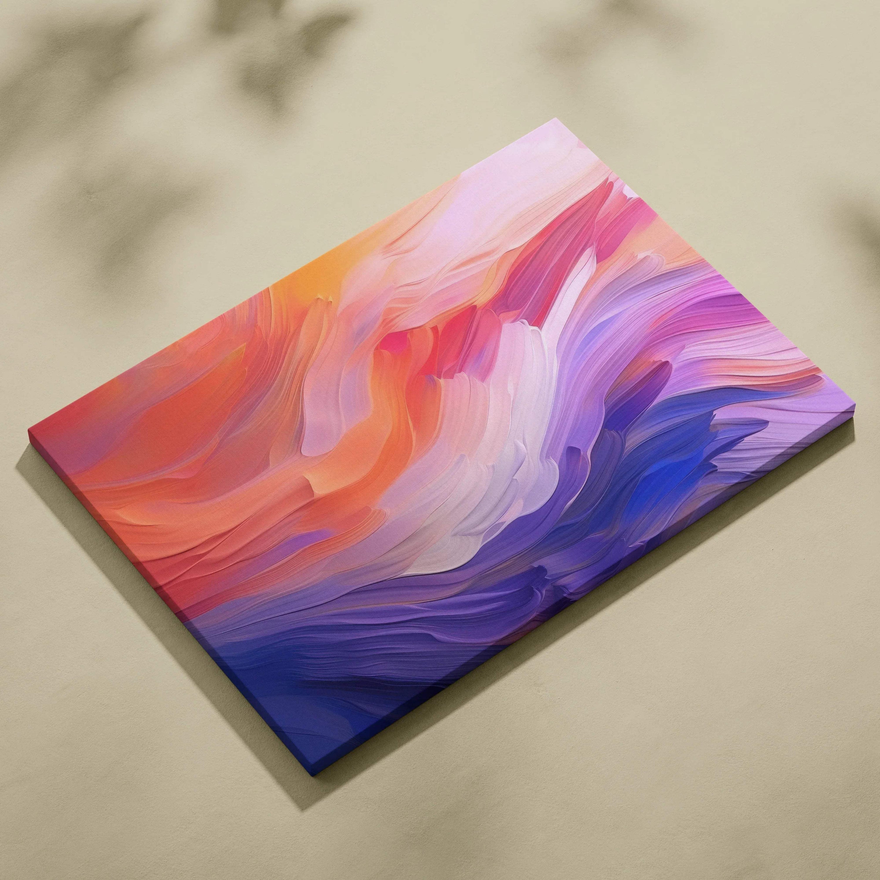 Abstract digital art canvas print with flowing purple, pink, and orange brushstrokes.