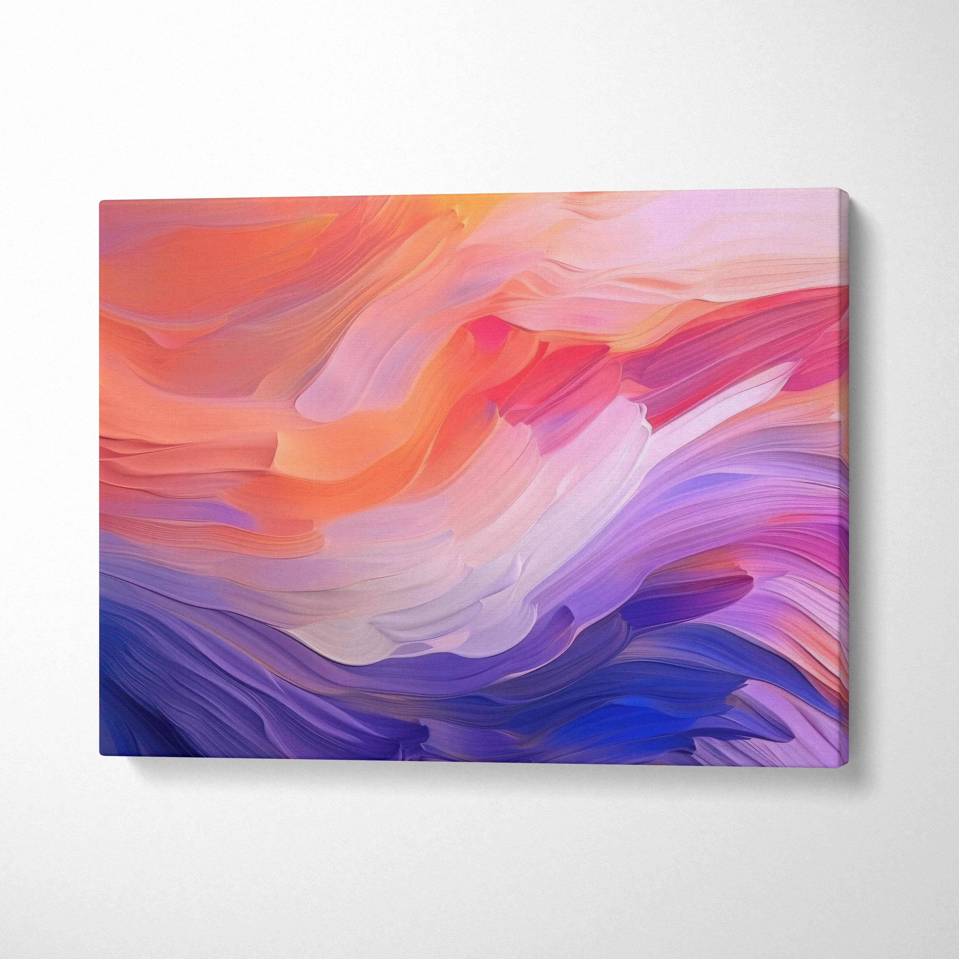 Abstract digital art canvas wall art in vibrant orange, pink, and purple brushstroke design.