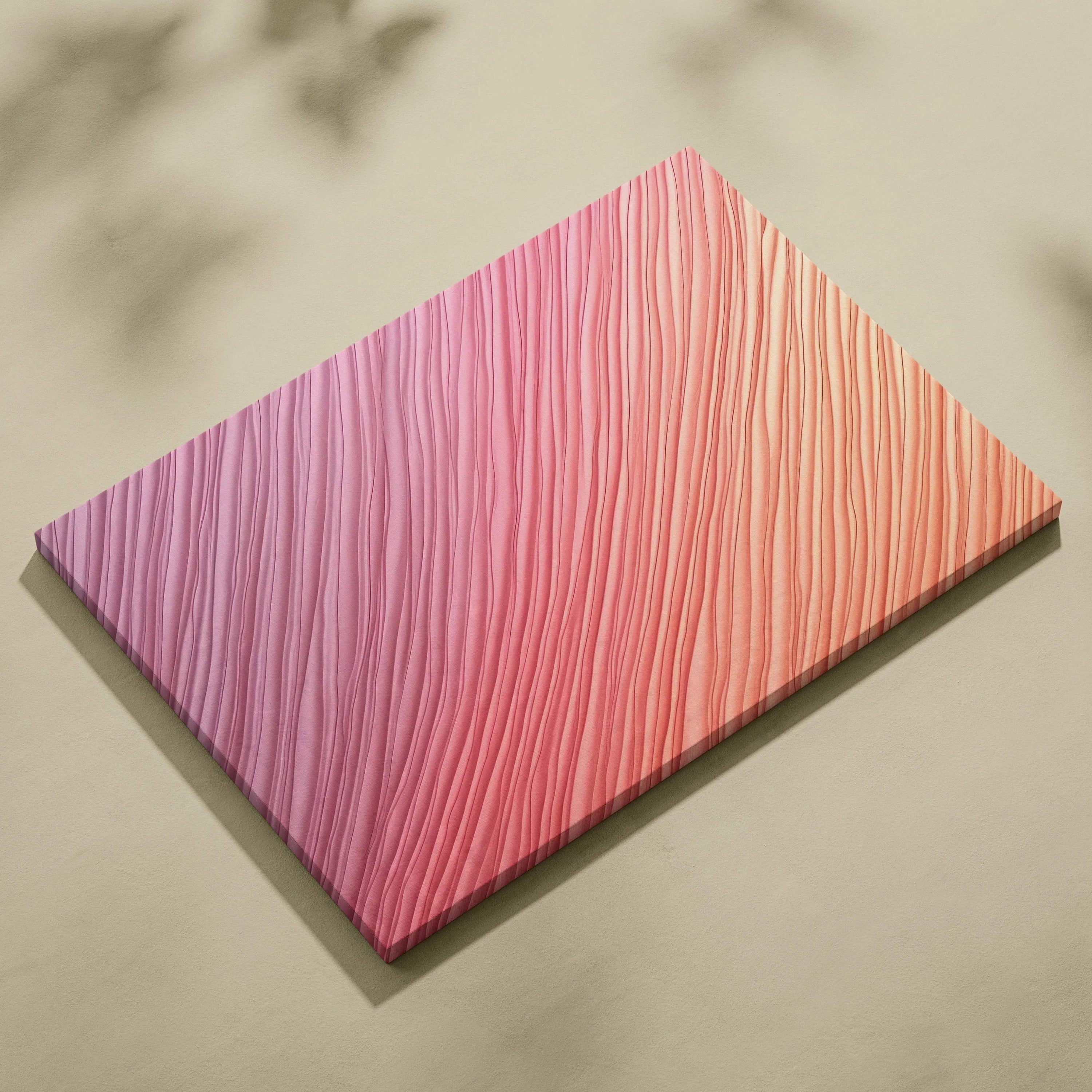 Pink and peach gradient abstract digital art on textured canvas wall art with vertical wavy lines.