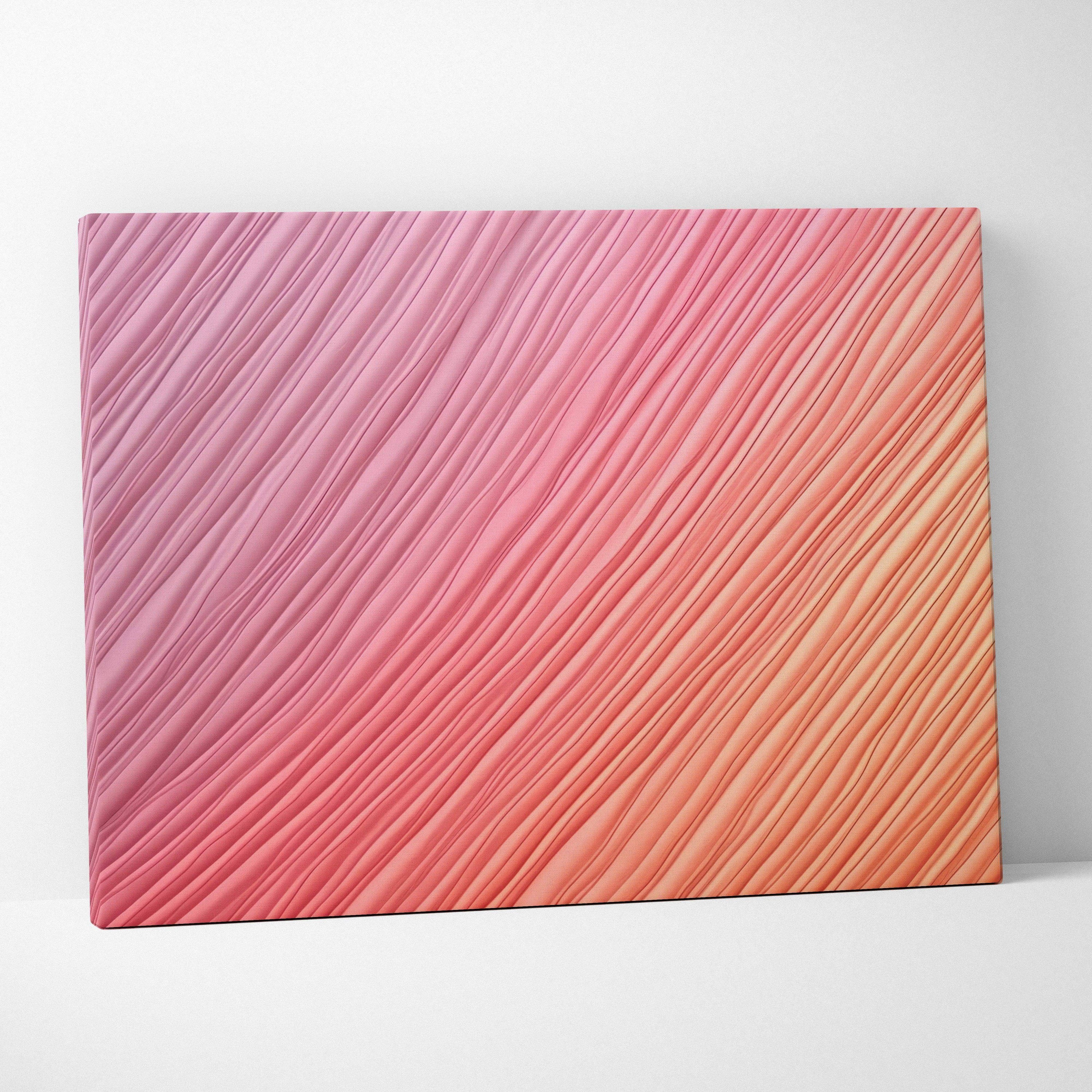 Abstract modern canvas art with diagonal textured lines in gradient shades of pink, coral, and orange.