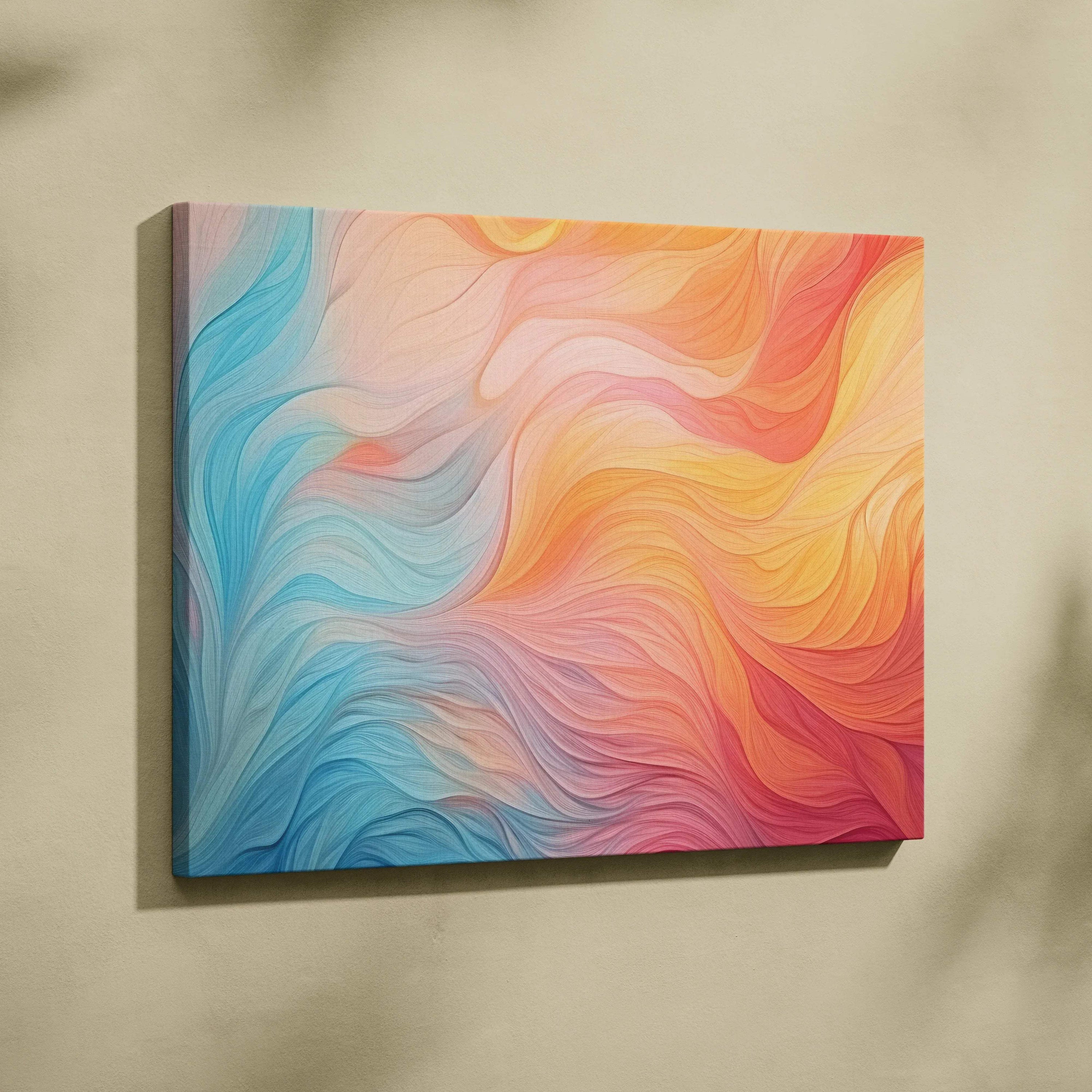 Abstract canvas art with flowing waves in blue, pink, orange, and yellow hues for vibrant wall decor.