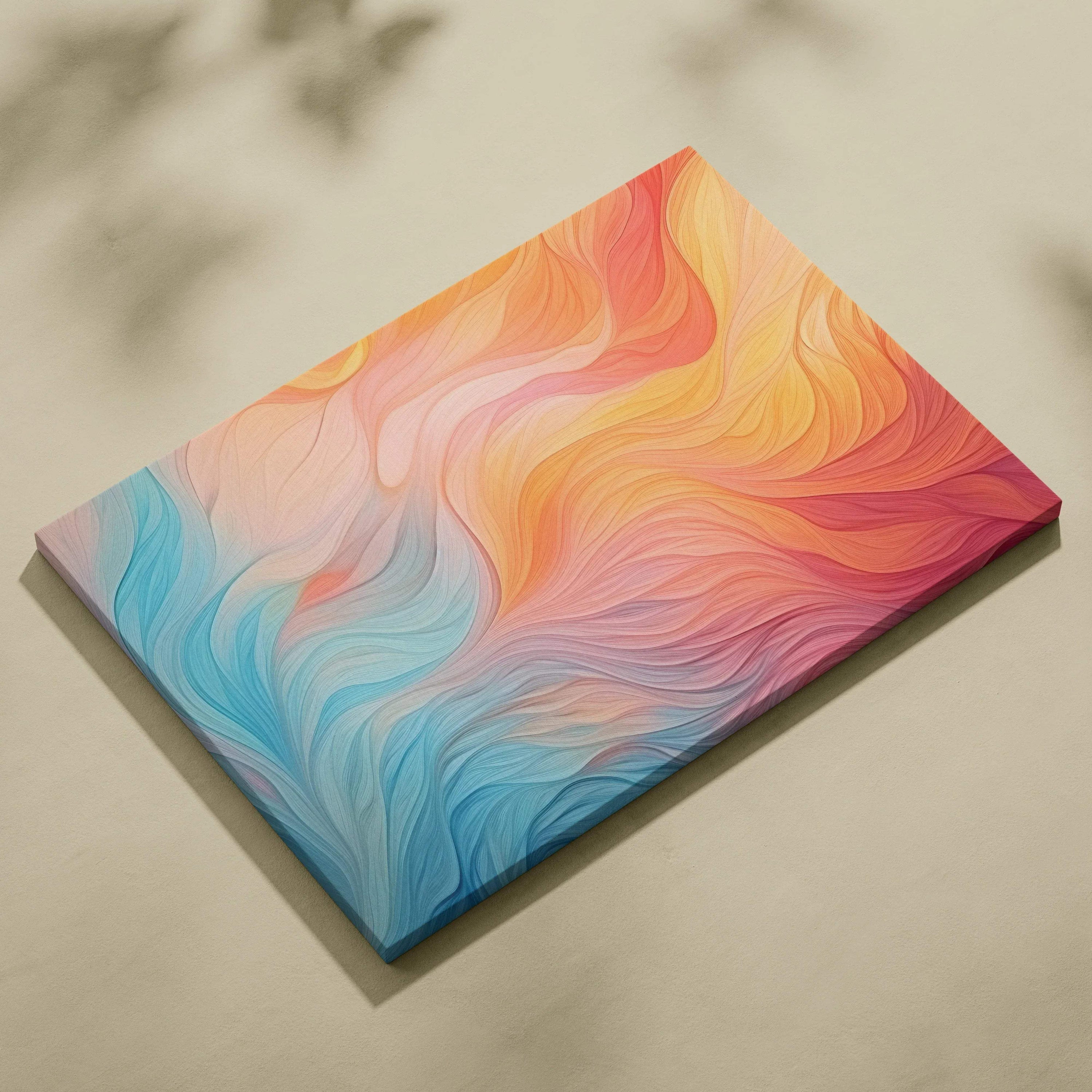 Vibrant abstract canvas art featuring flowing waves in shades of blue, pink, orange, and yellow.