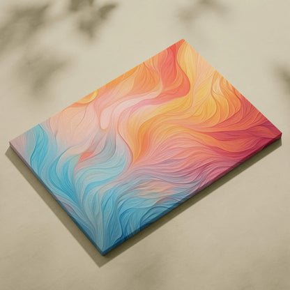 Vibrant abstract canvas art featuring flowing waves in shades of blue, pink, orange, and yellow.
