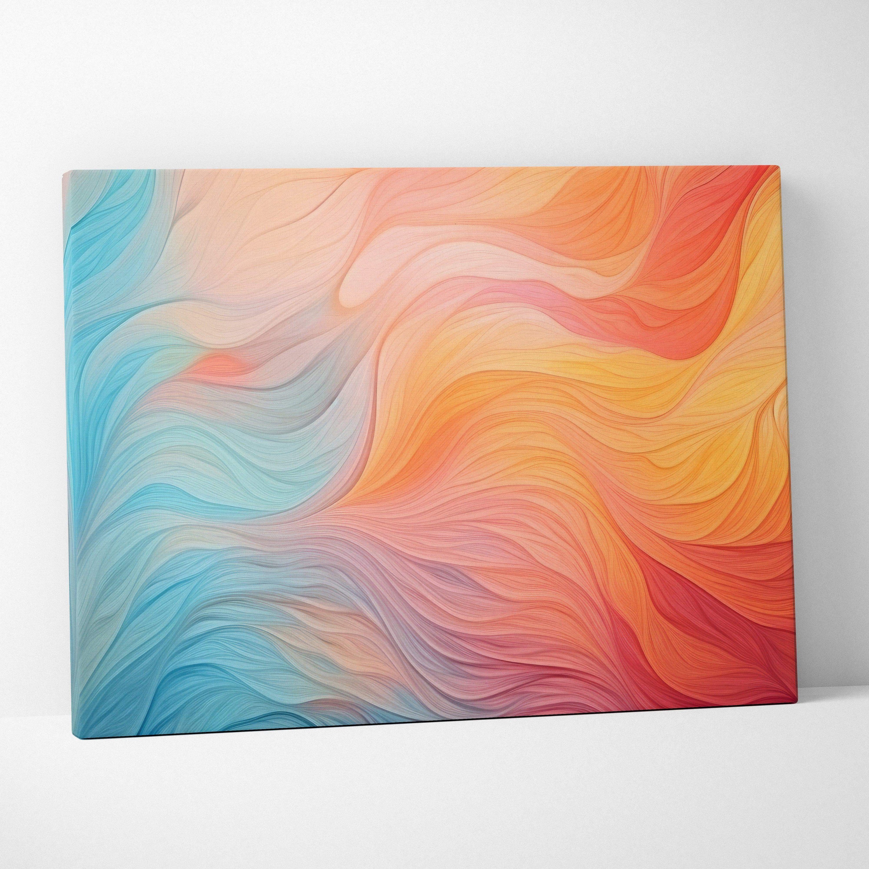 Abstract canvas wall art with flowing swirls in blue, orange, yellow, and red tones.