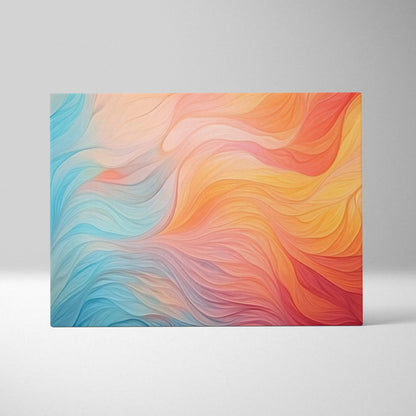 Colorful abstract canvas art with flowing wave patterns in blue, pink, orange, and yellow tones.