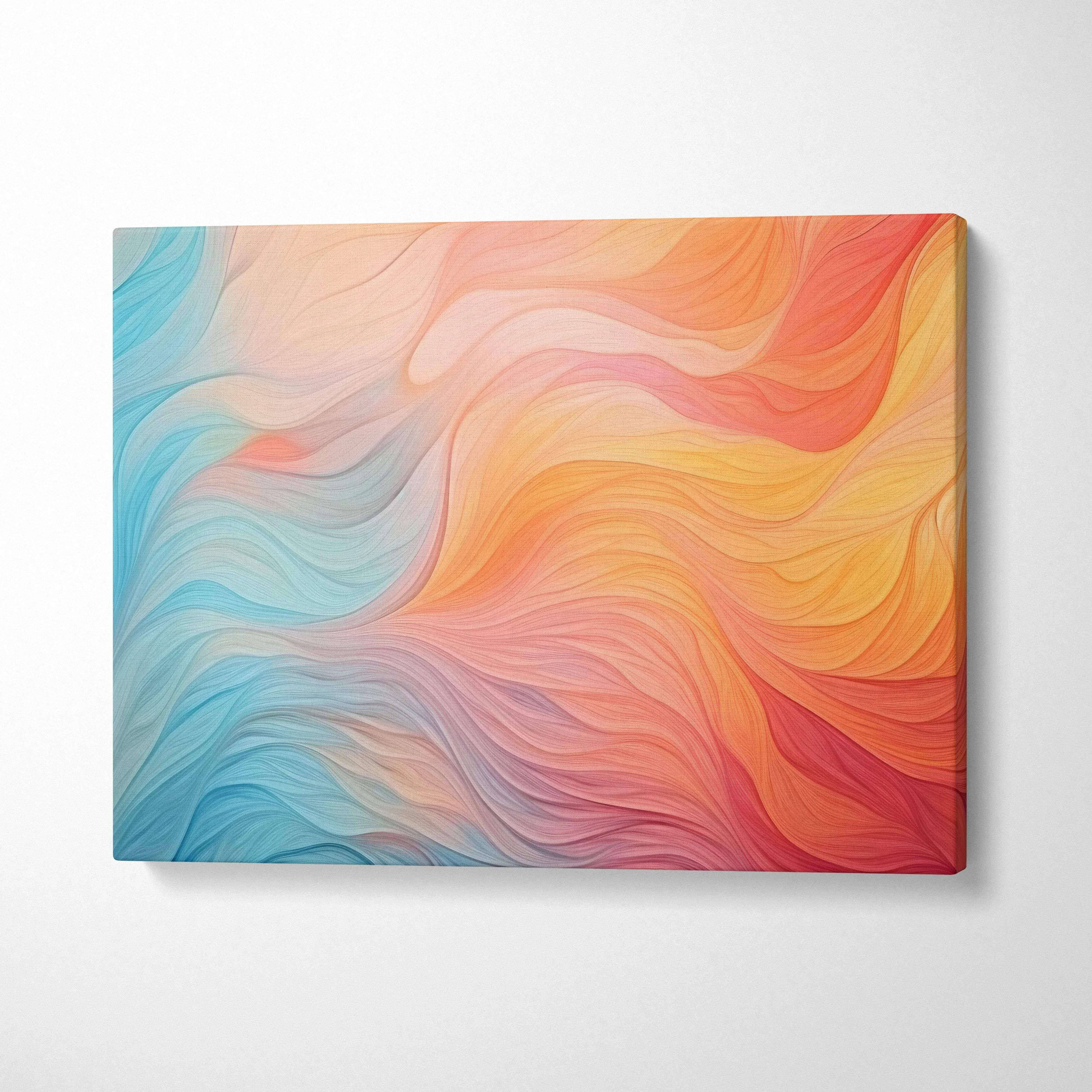 Abstract vibrant digital art canvas wall art with flowing orange, red, and blue waves.
