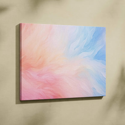 Abstract canvas art with flowing pastel colors blending pink, peach, and light blue tones.