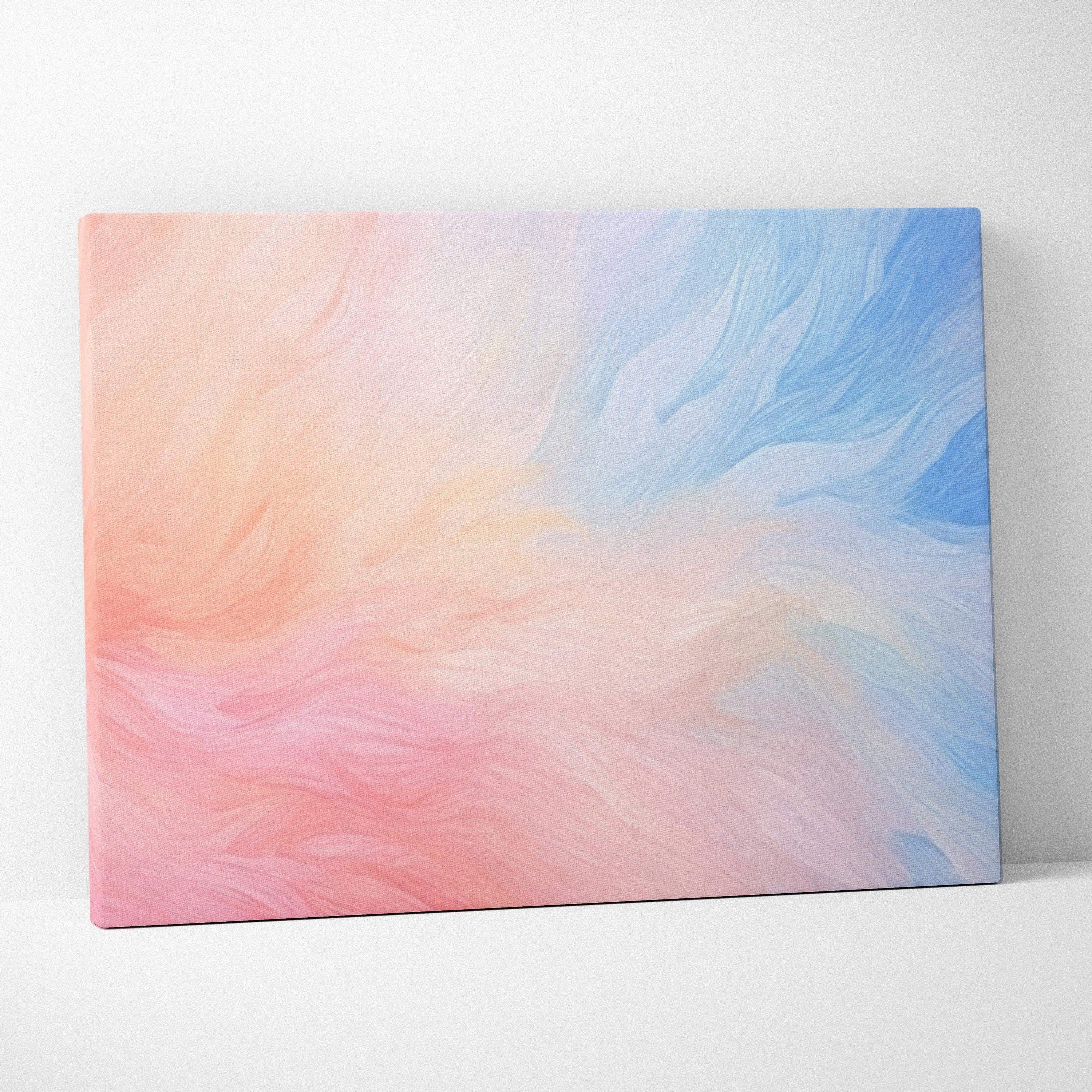 Abstract canvas art with flowing pastel swirls in pink, peach, and blue hues blending smoothly.