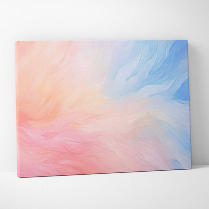 Abstract canvas art with flowing pastel swirls in pink, peach, and blue hues blending smoothly.