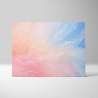 Abstract canvas wall art with soft pastel swirls in pink, peach, and blue tones.