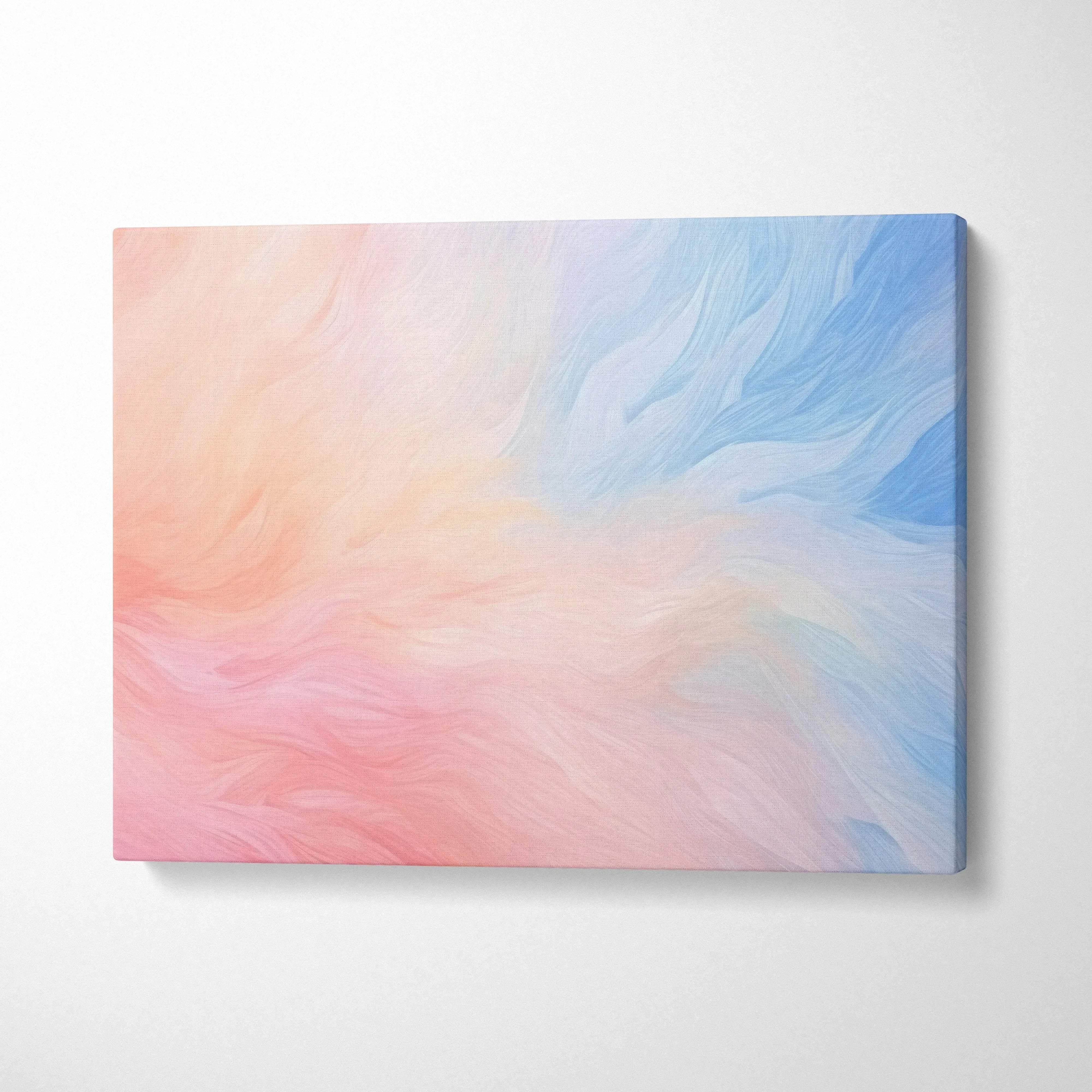 Abstract canvas wall art with soft pastel pink and blue digital brush strokes.