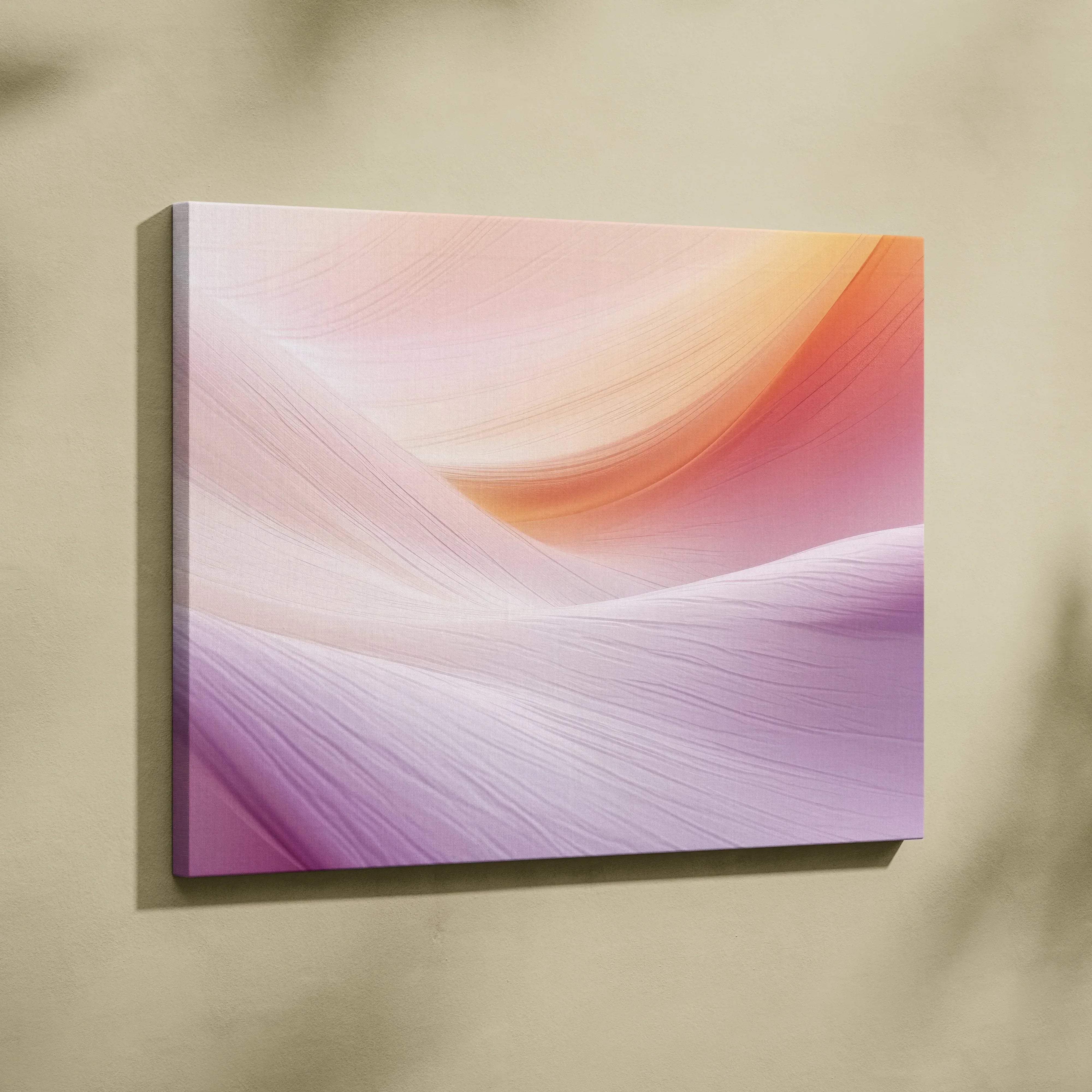 A square canvas painting featuring smooth abstract waves in pastel pink lavender and peach for modern interiors