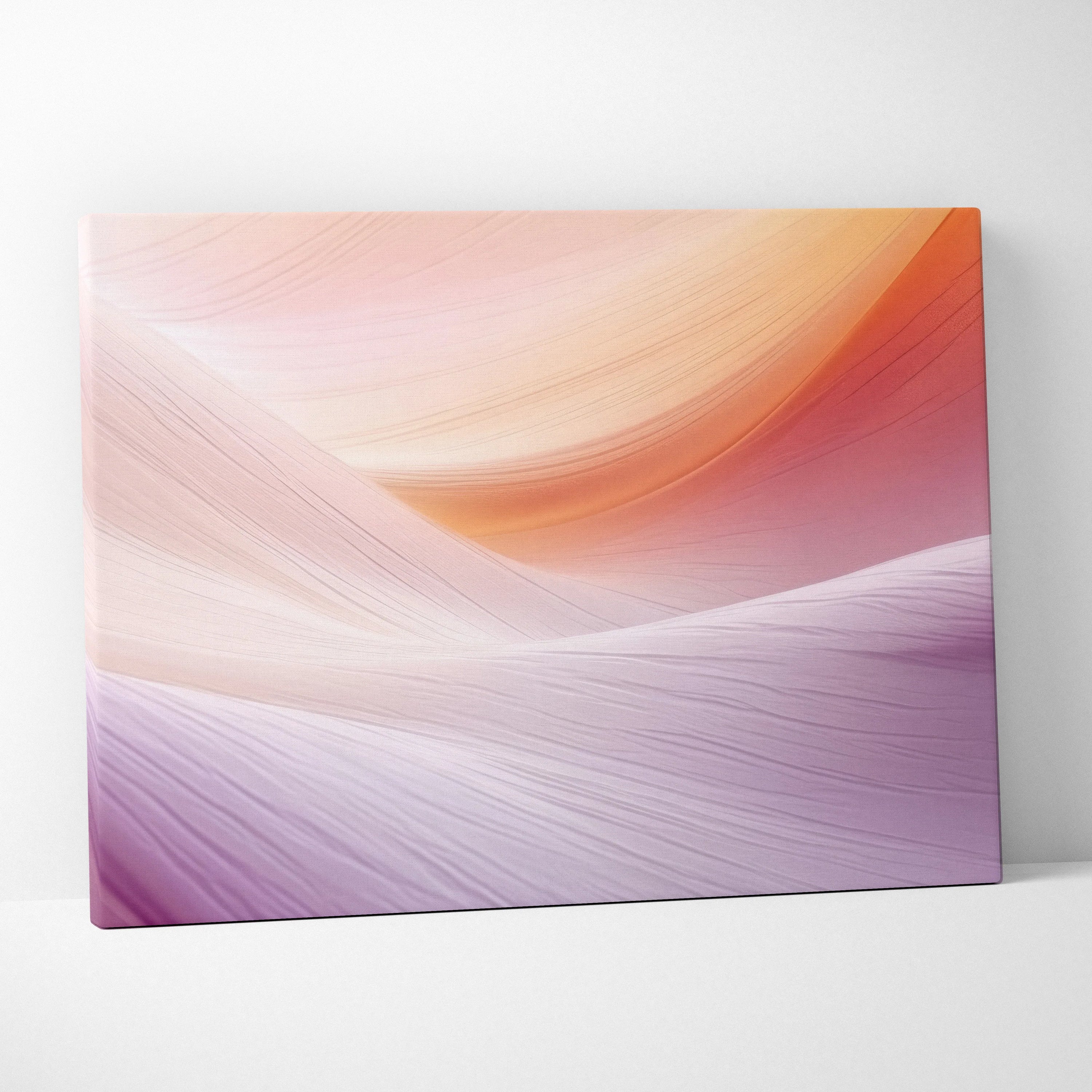 Abstract digital art canvas with flowing orange, pink, and purple waves, modern wall art.