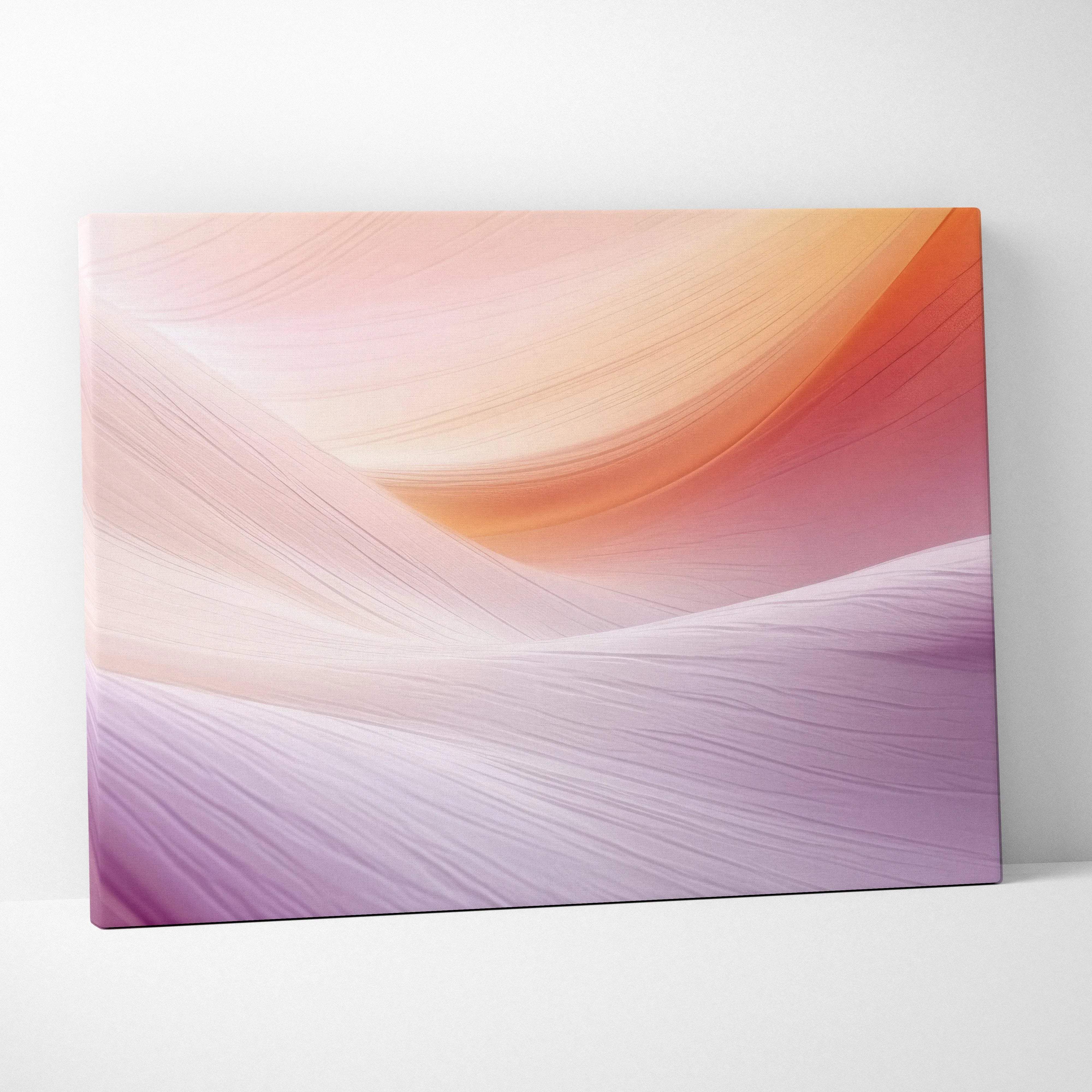 A rectangular canvas print with smooth abstract waves in pastel peach orange lavender and purple for modern decor