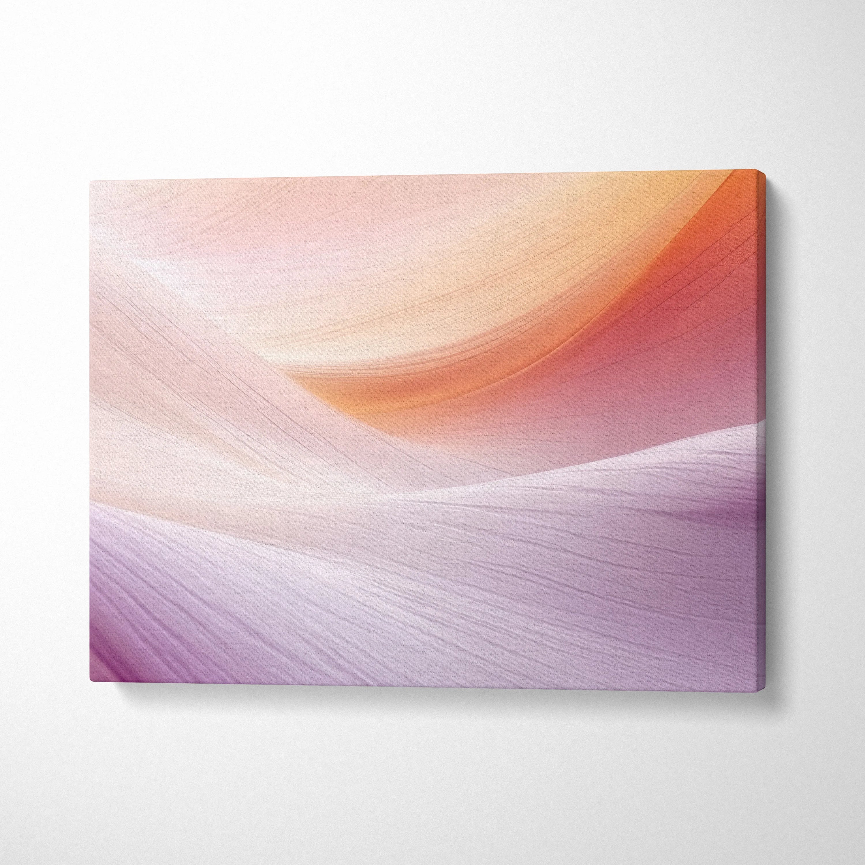 Abstract digital art canvas wall decor with soft orange and lavender flowing wave patterns.