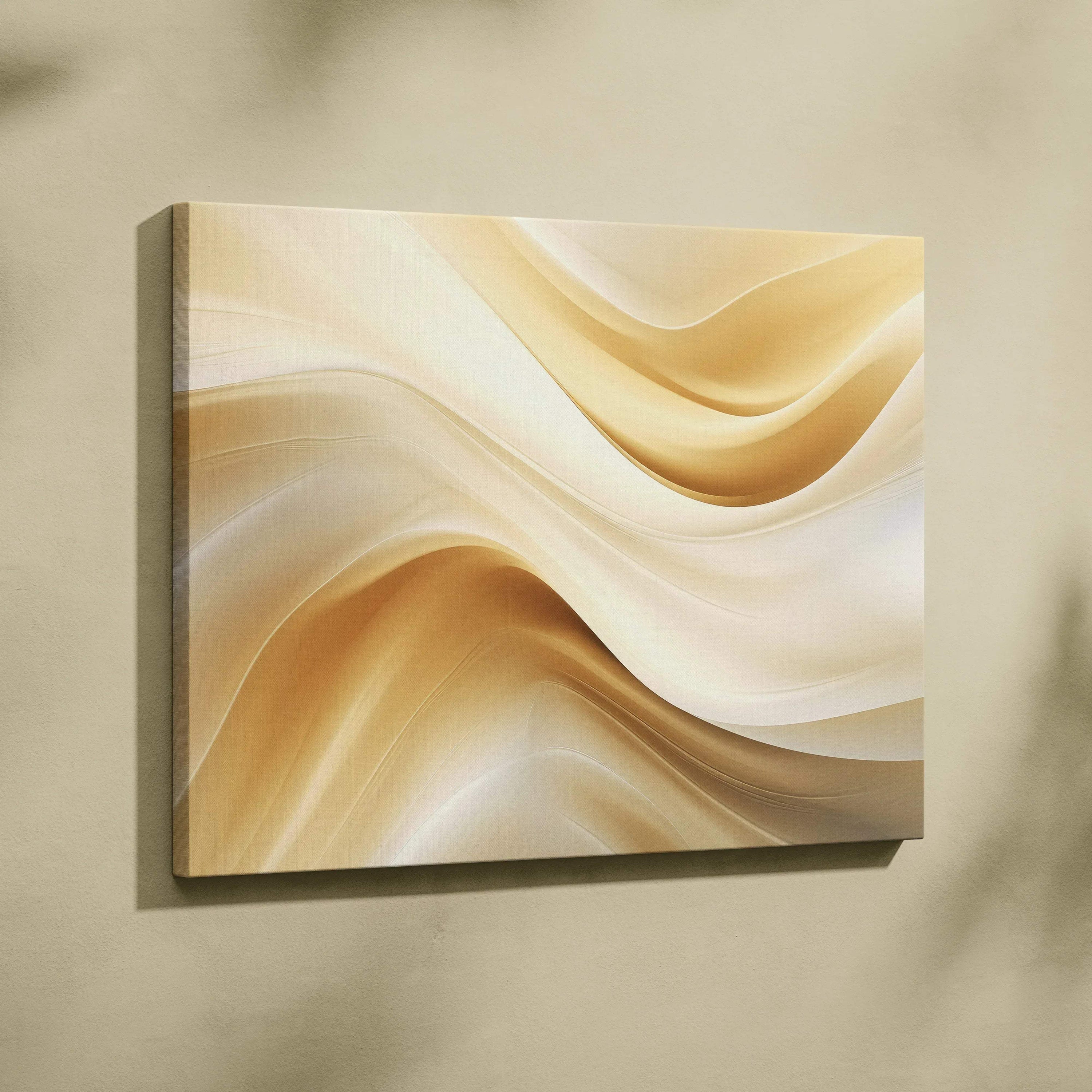 Abstract digital art canvas wall art featuring soft flowing beige and cream waves with smooth texture.