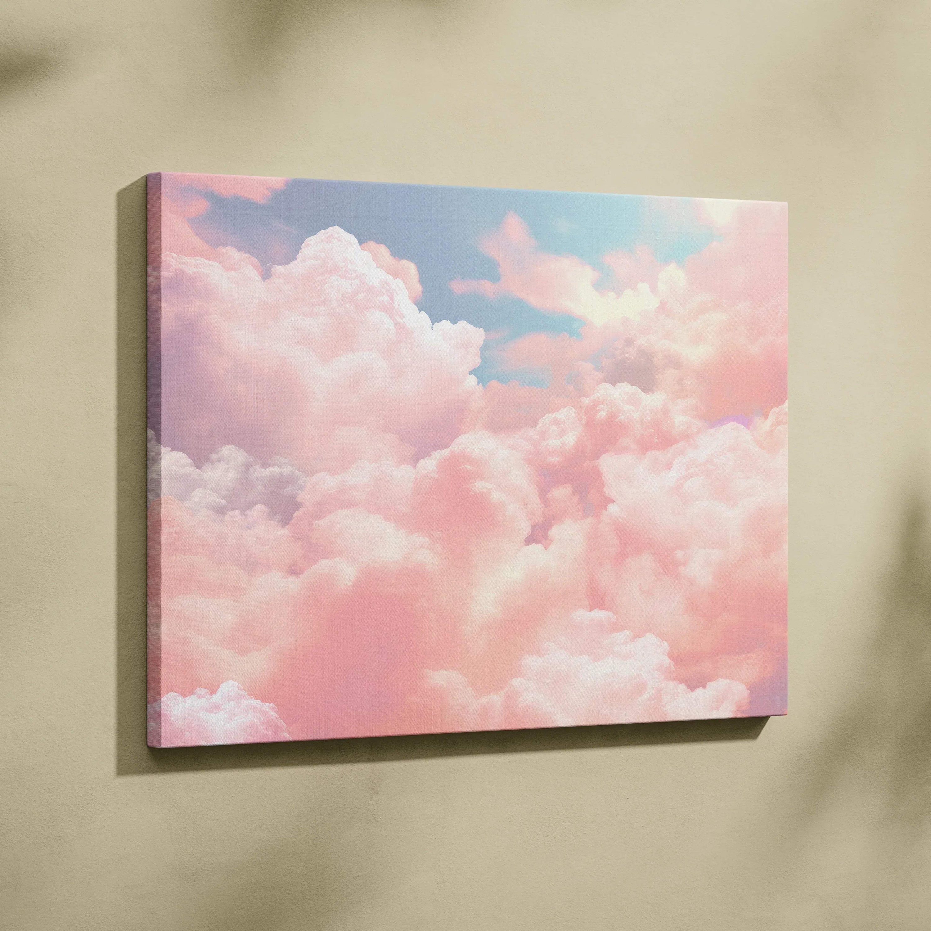 Canvas wall art featuring soft pink and white clouds against a light blue sky in abstract style.