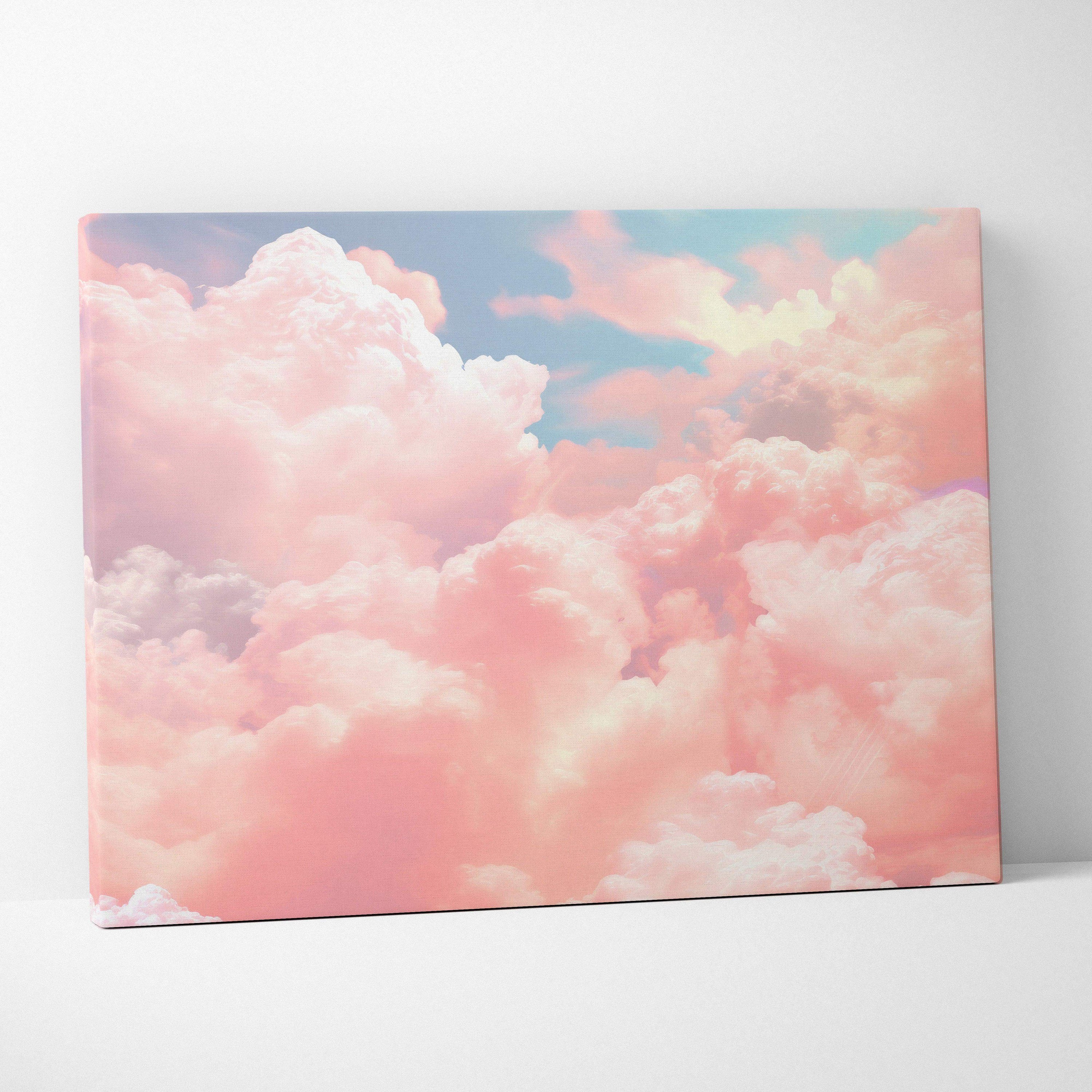 Canvas wall art featuring soft pink and peach clouds with hints of blue sky in an abstract digital design.