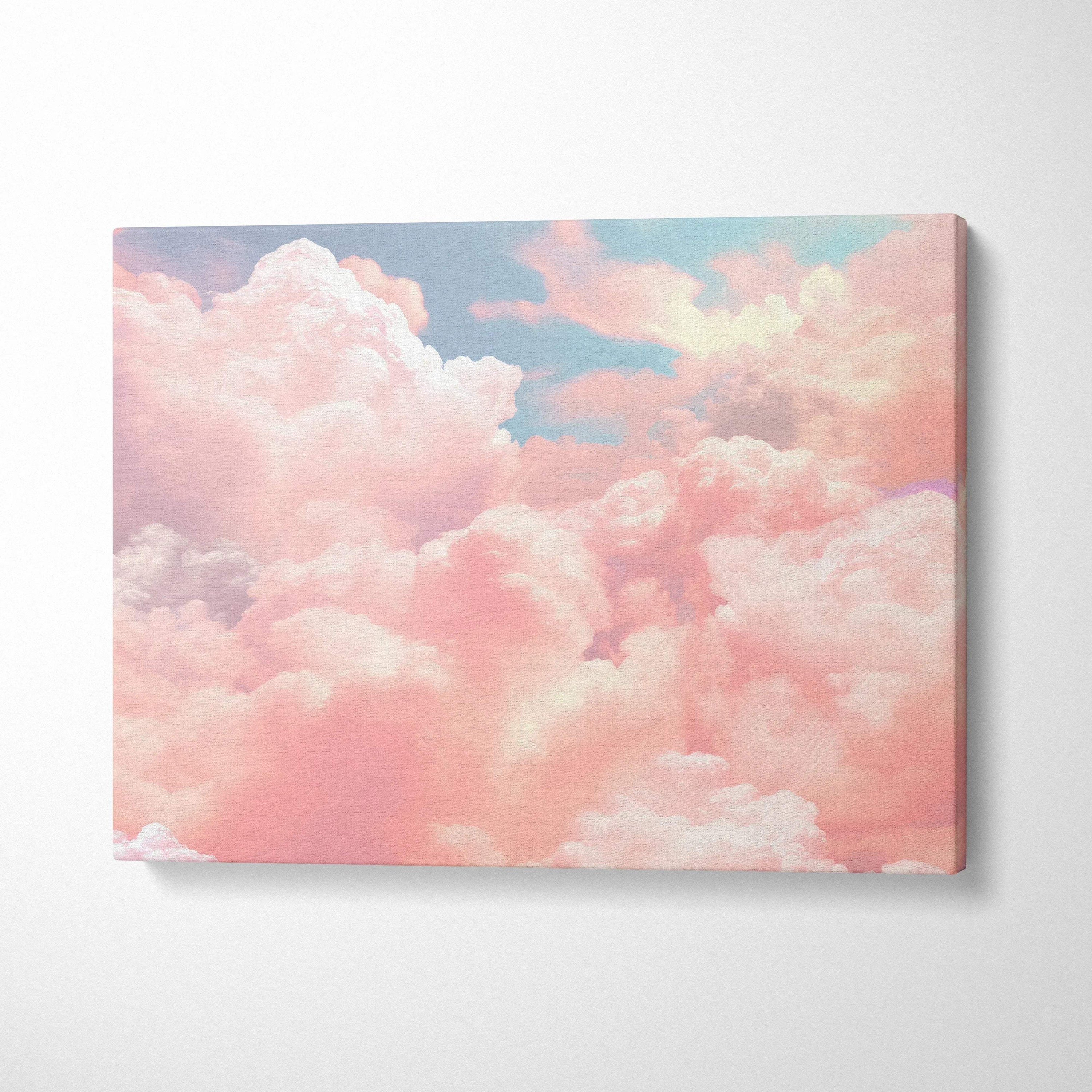 Modern abstract canvas wall art with soft pink and blue cloud patterns in digital style.