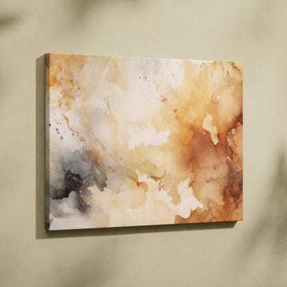 Abstract canvas art wall print with warm beige, brown, and gray tones on a textured background.
