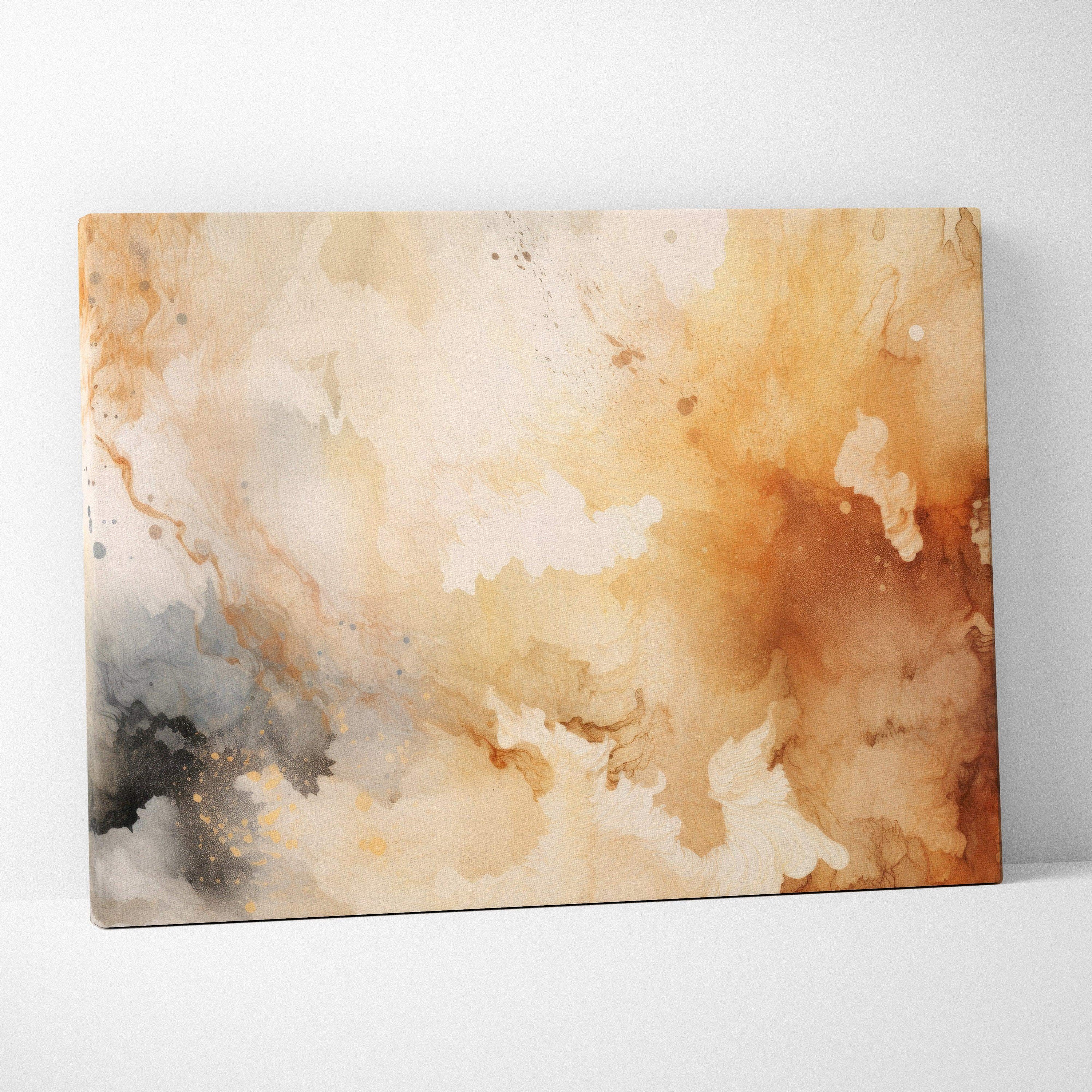 Abstract canvas wall art with warm beige, brown, and gray tones in fluid, organic patterns.