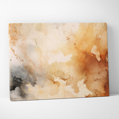 Abstract canvas wall art with warm beige, brown, and gray tones in fluid, organic patterns.
