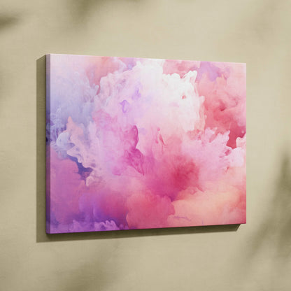 Abstract canvas wall art with soft pink, purple, and white digital cloud-like patterns.