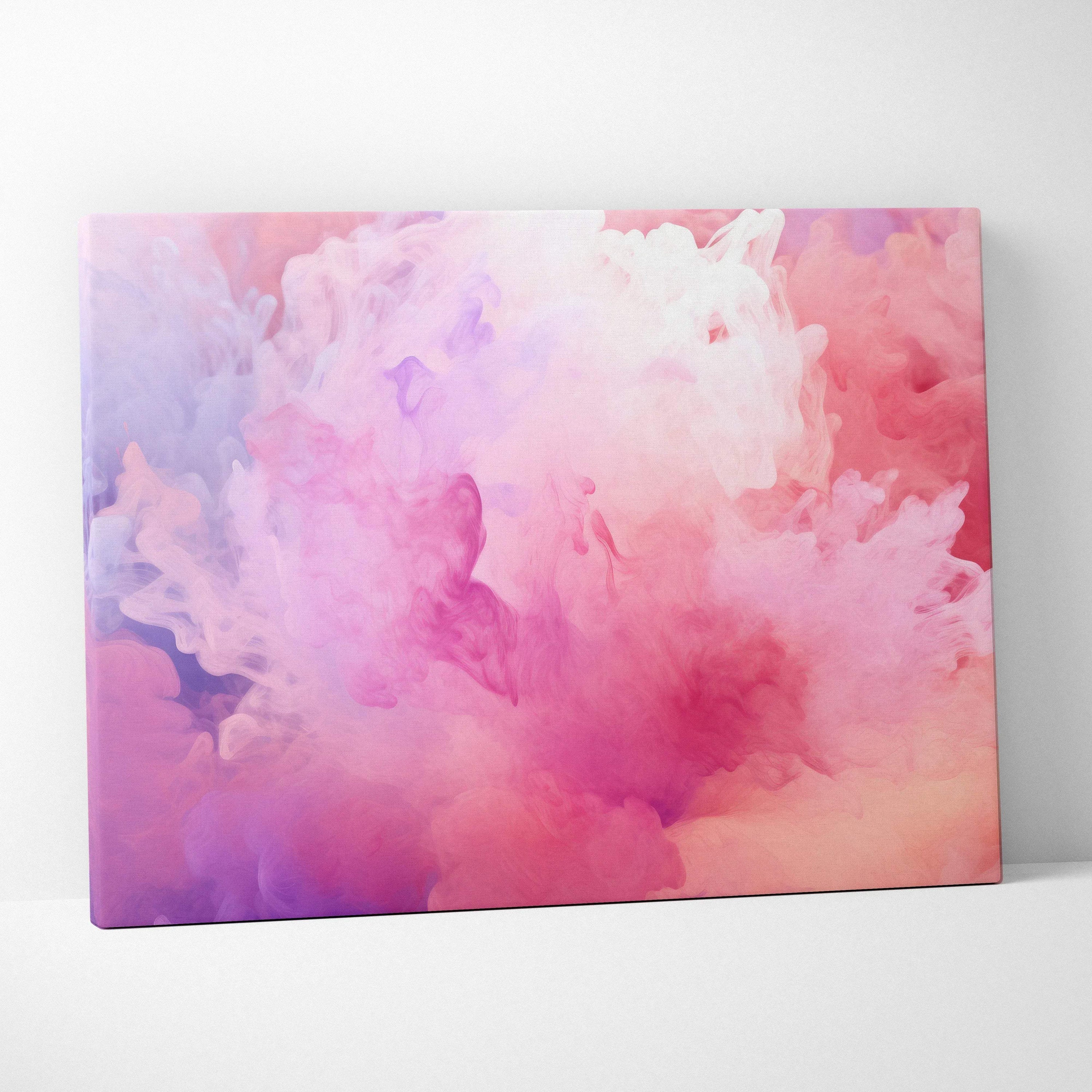 Abstract digital canvas art with swirling pink, purple, and peach clouds blending softly on wall decor.