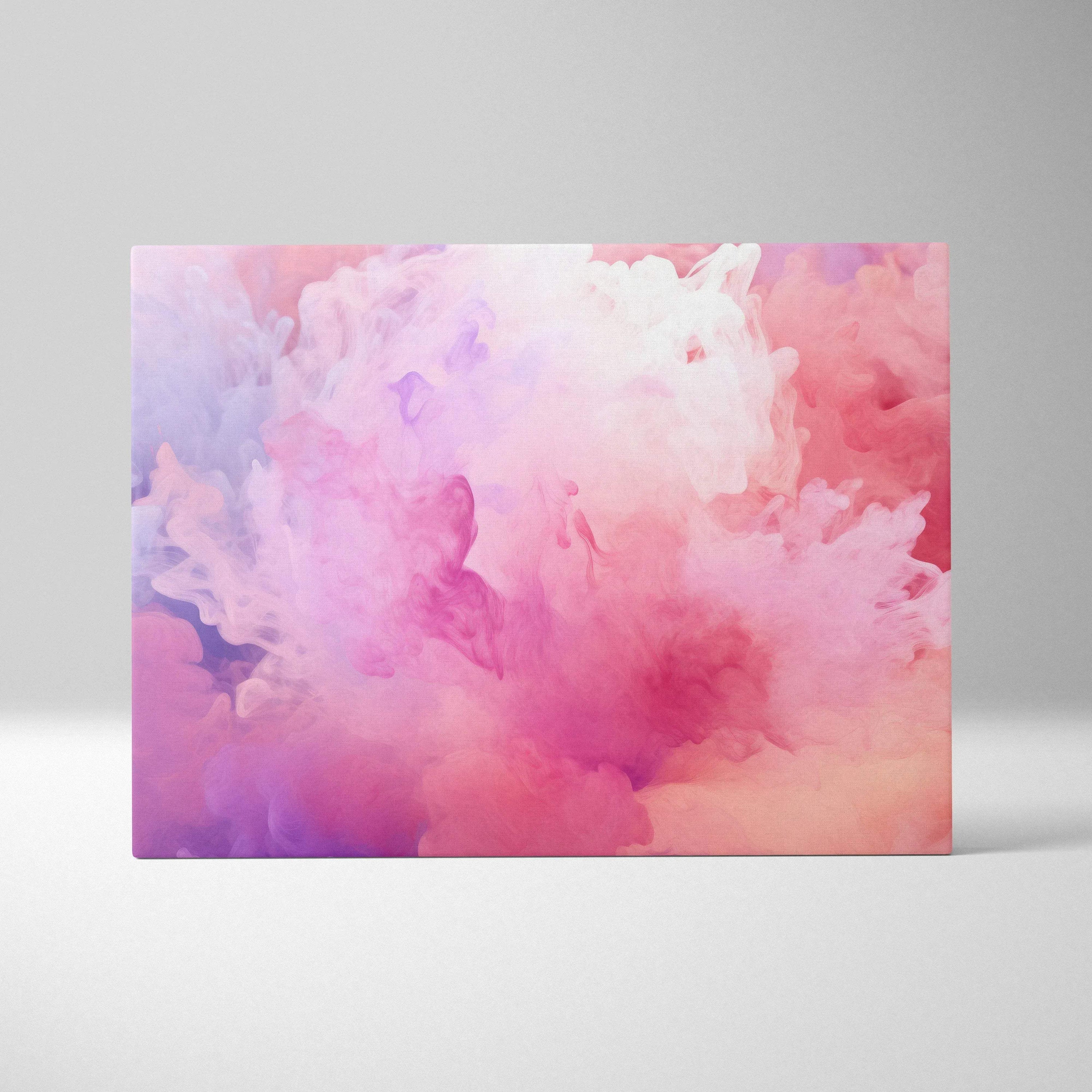 Abstract digital canvas wall art with soft pink, purple, and white cloud-like swirls.