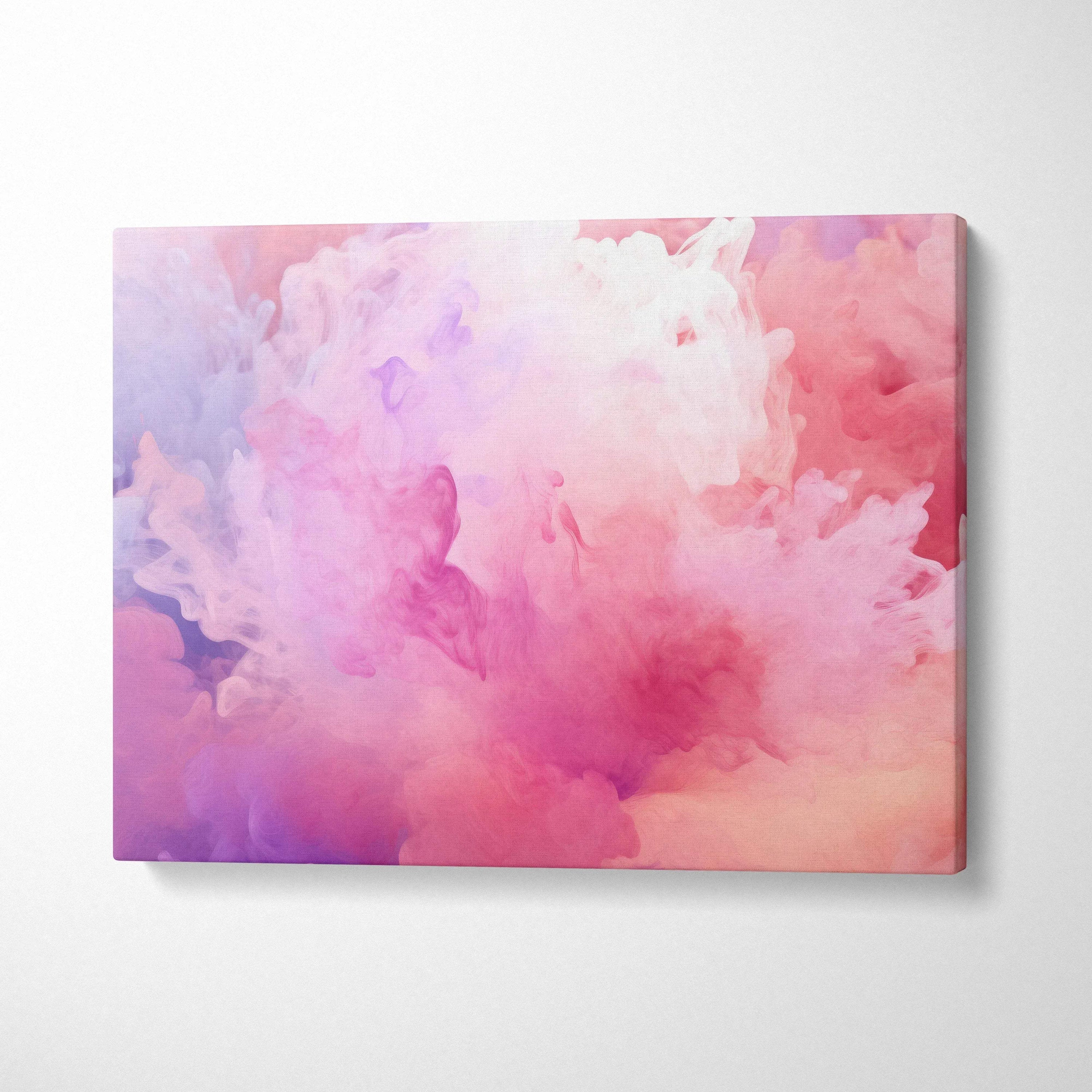 Abstract digital art canvas wall art with pink and purple cloud-like patterns in soft blending tones.