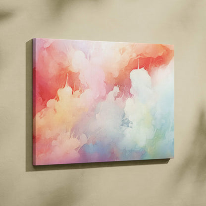Abstract digital art canvas print with soft pastel clouds in pink, orange, blue, and purple tones.