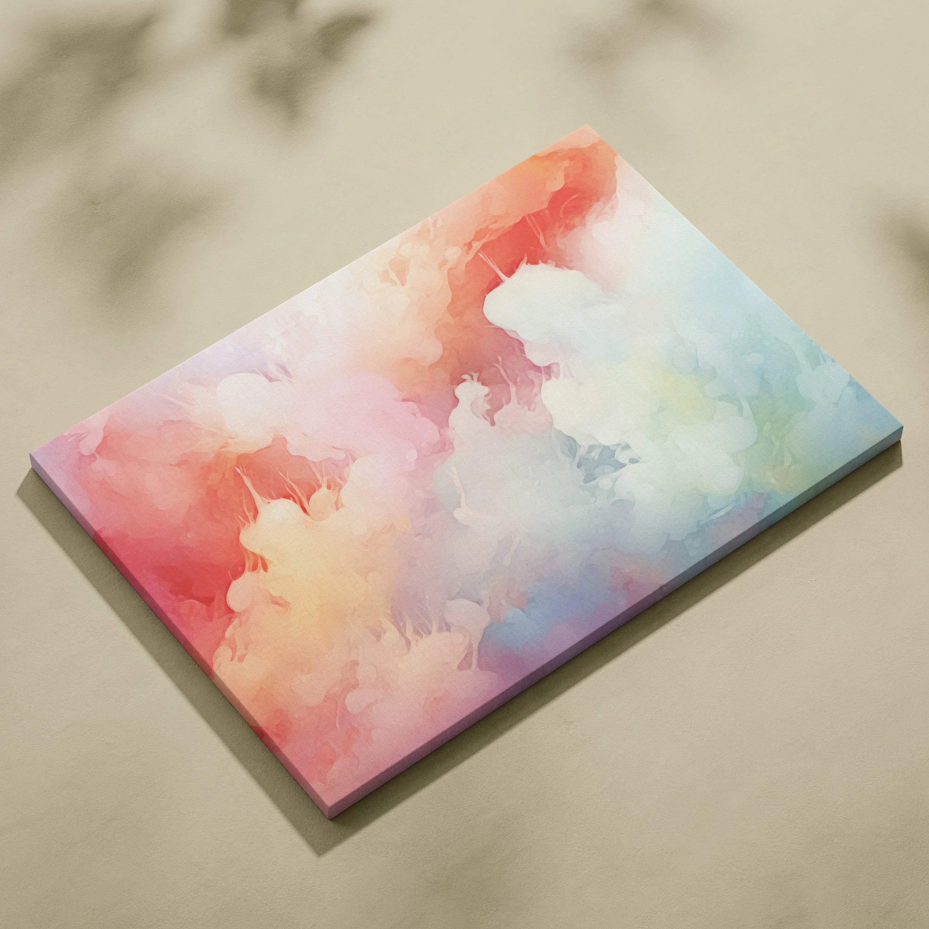 Abstract modern digital art canvas print with soft pastel clouds in pink, peach, blue, and purple tones.