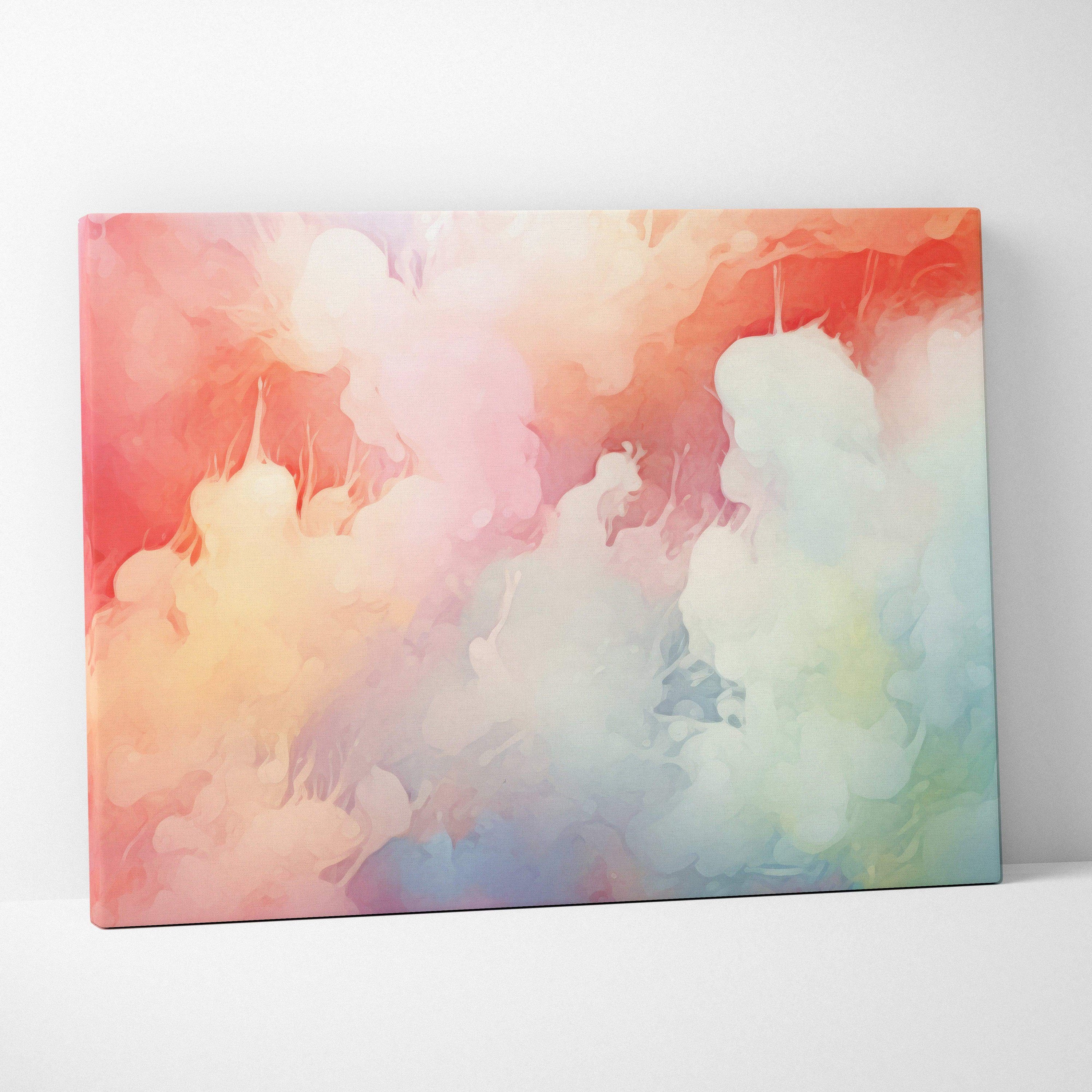 Abstract canvas art with swirling pastel hues of pink, orange, blue, and green blending softly on white wall background.