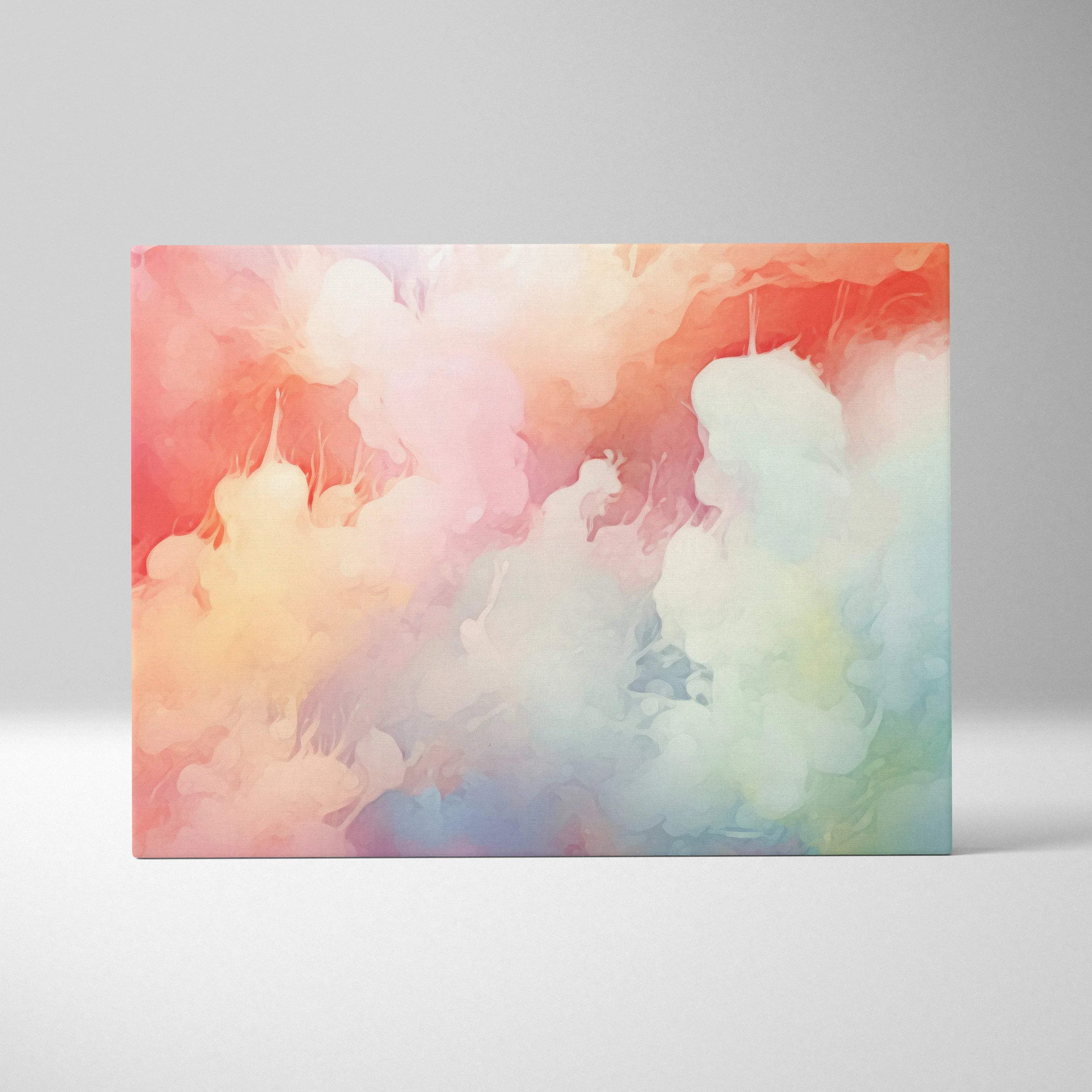 Abstract digital art canvas with soft pastel hues of pink, orange, blue, and green blending in cloud-like shapes.