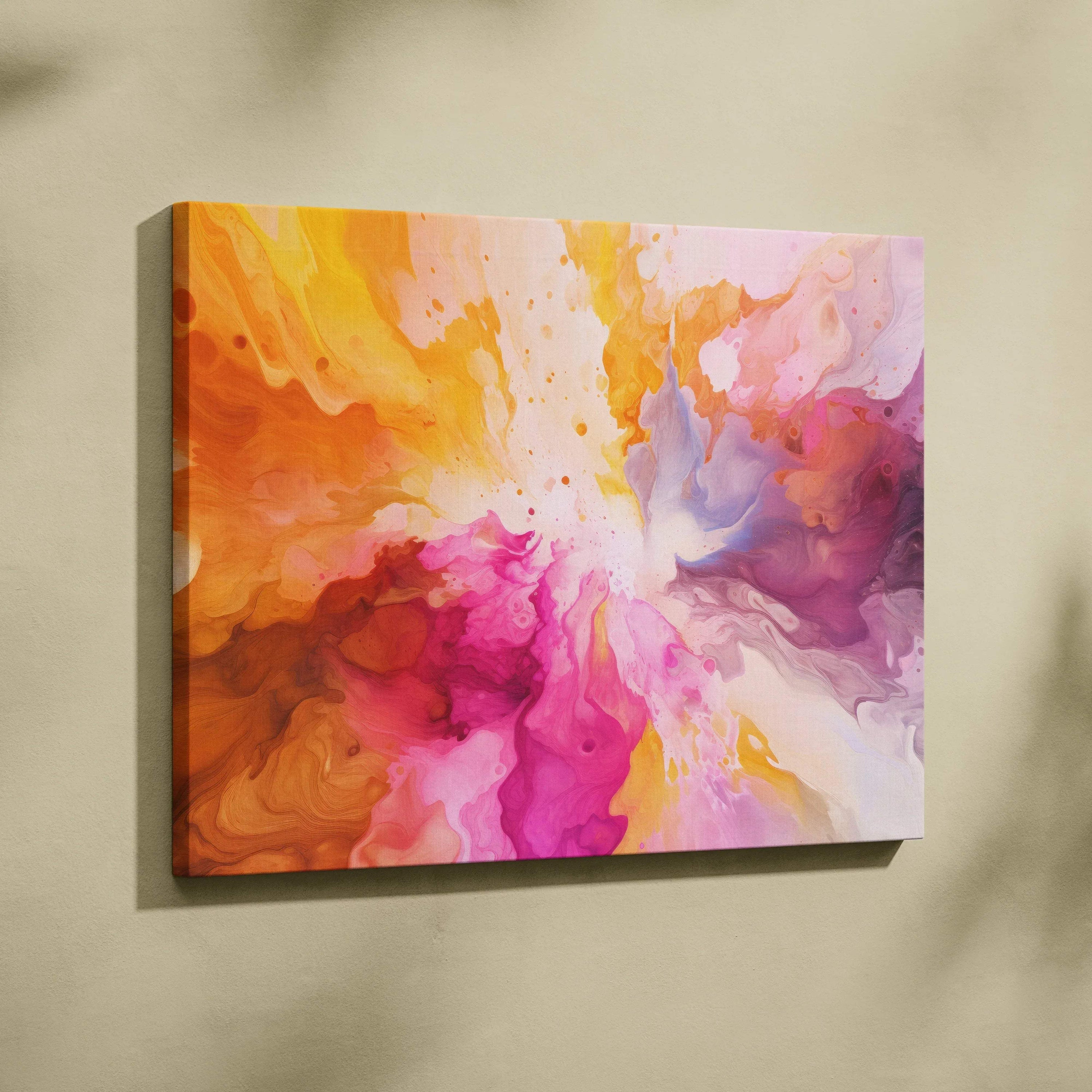 Vibrant abstract canvas art with flowing pink, orange, yellow, and purple hues on wall art canvas.