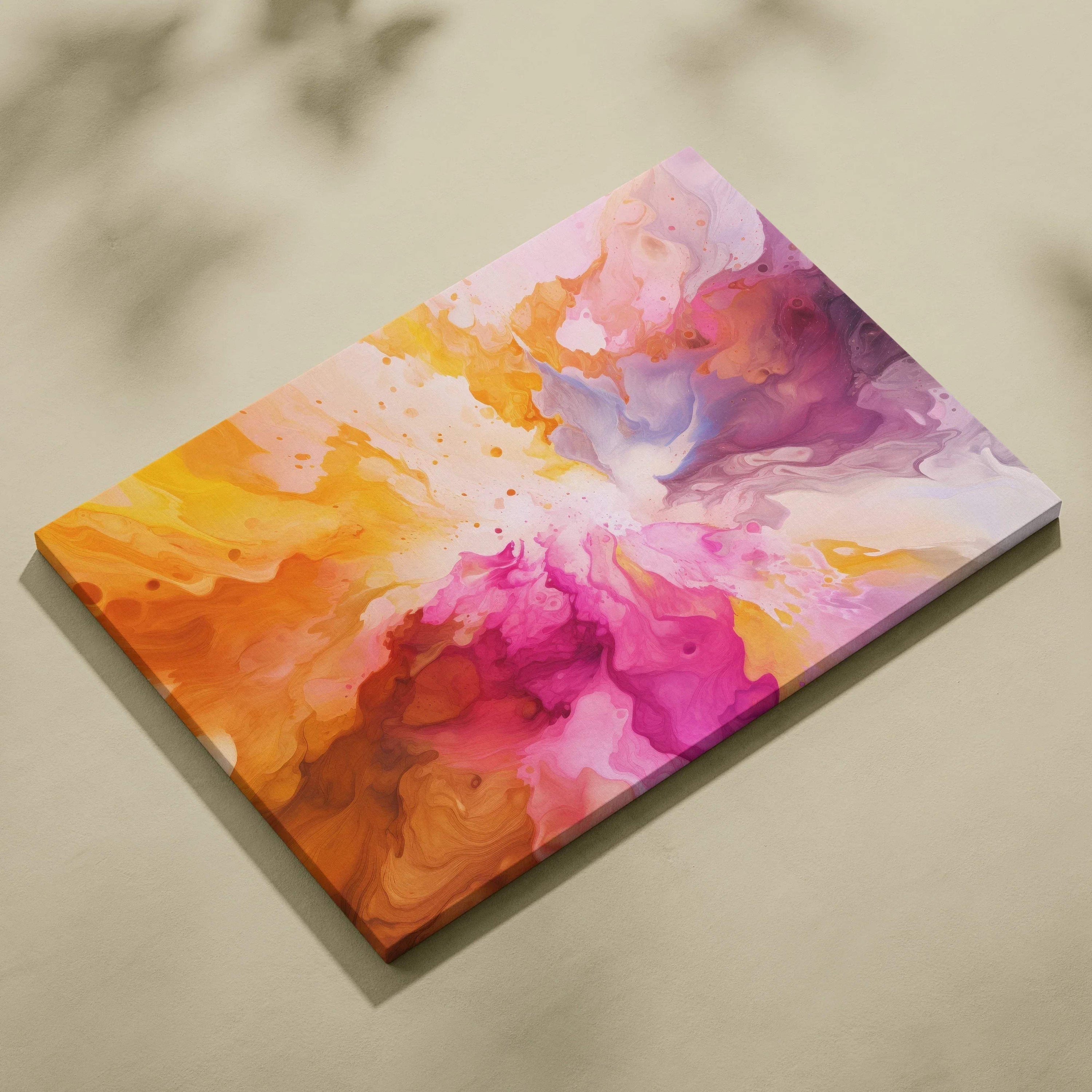 Colorful abstract canvas art with swirling orange, pink, purple, and white hues, digital print on stretched canvas.