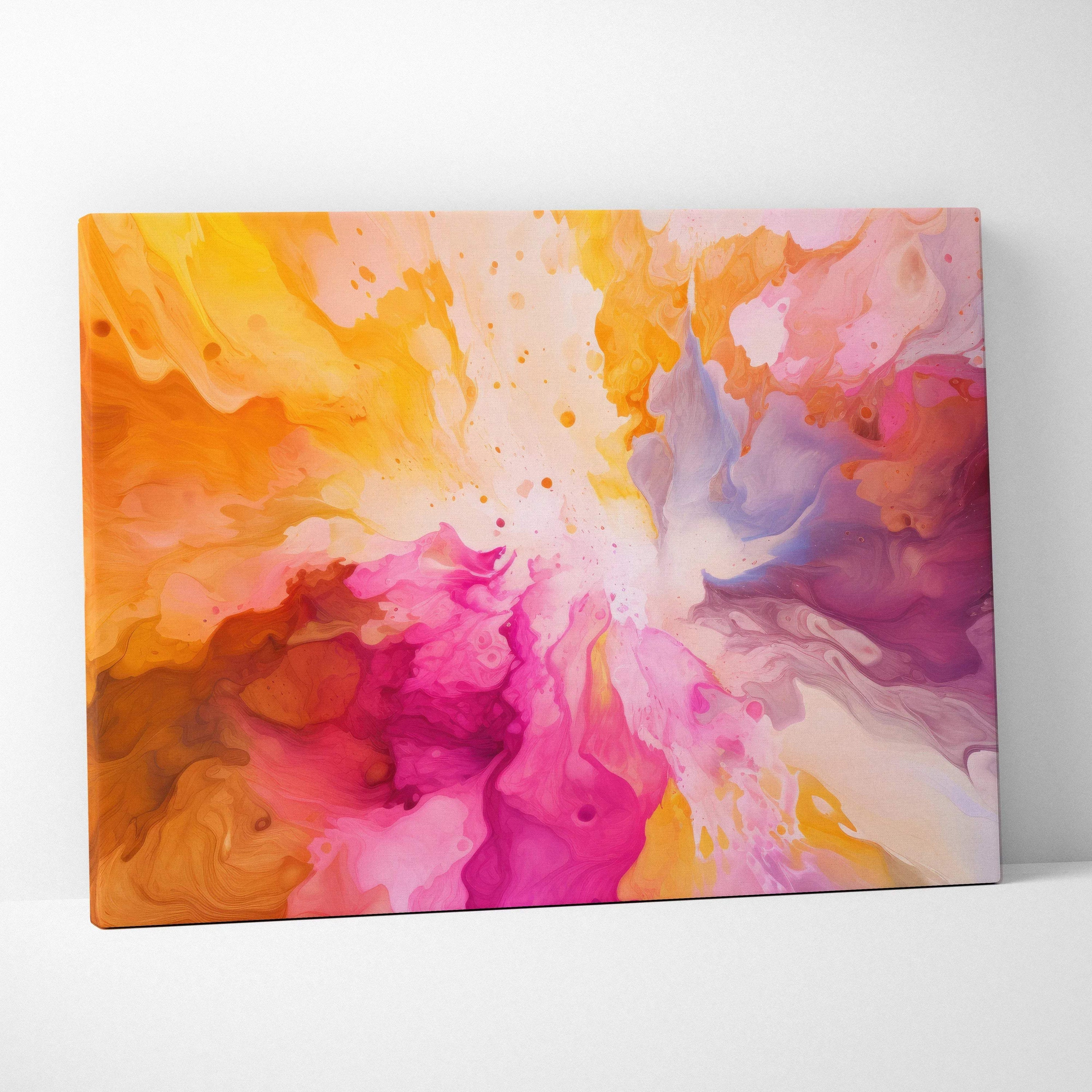 Abstract canvas wall art featuring vibrant splashes of orange, pink, purple, and yellow blending in a dynamic, fluid.
