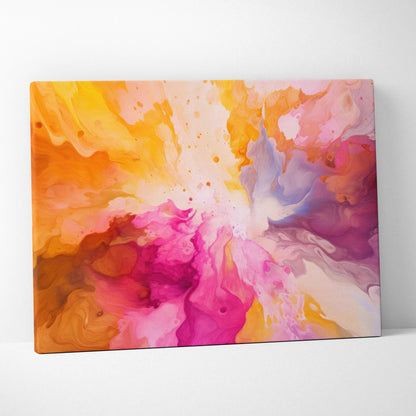 Abstract canvas wall art featuring vibrant splashes of orange, pink, purple, and yellow blending in a dynamic, fluid.