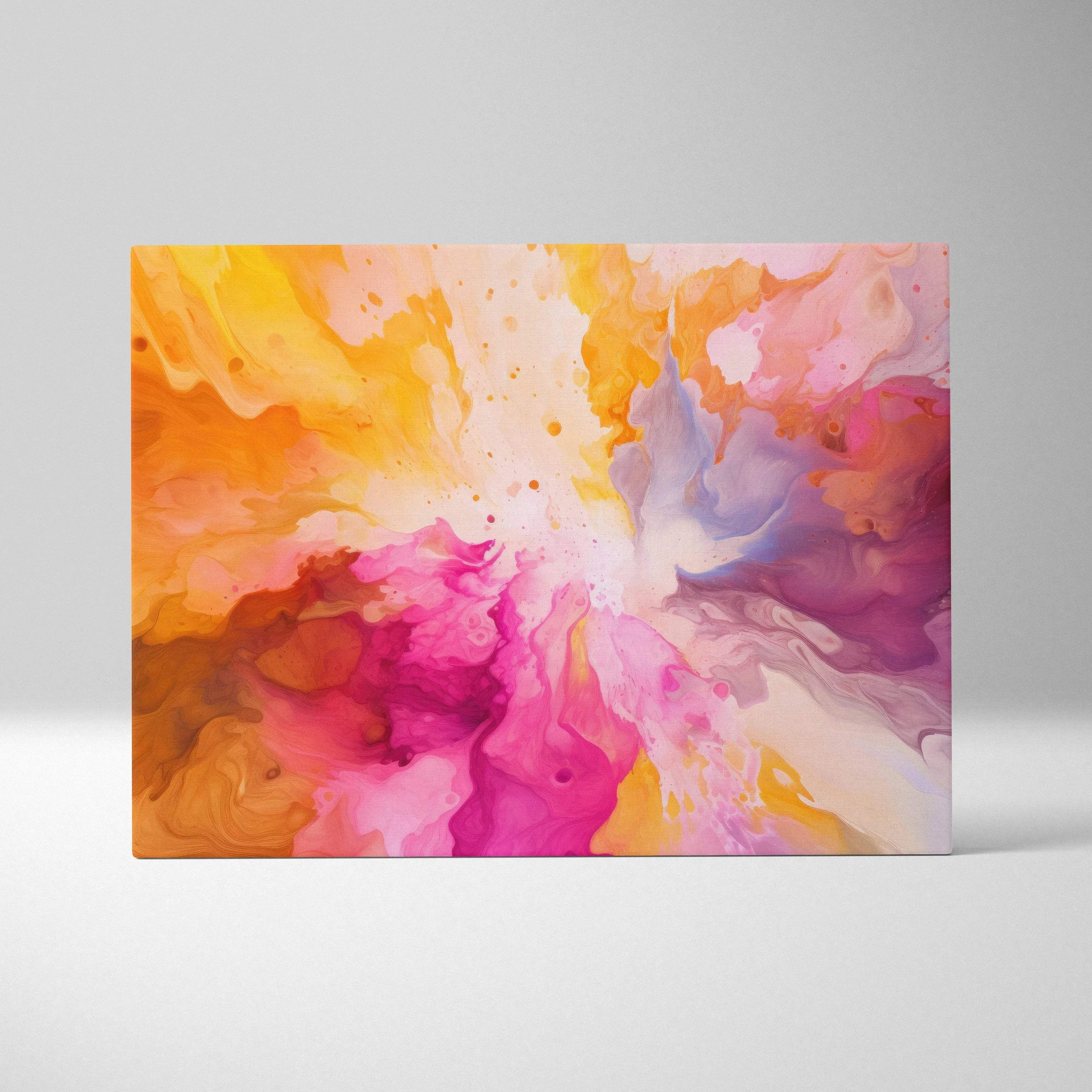 Colorful abstract digital wall art canvas print with swirling orange, pink, purple, and white tones.