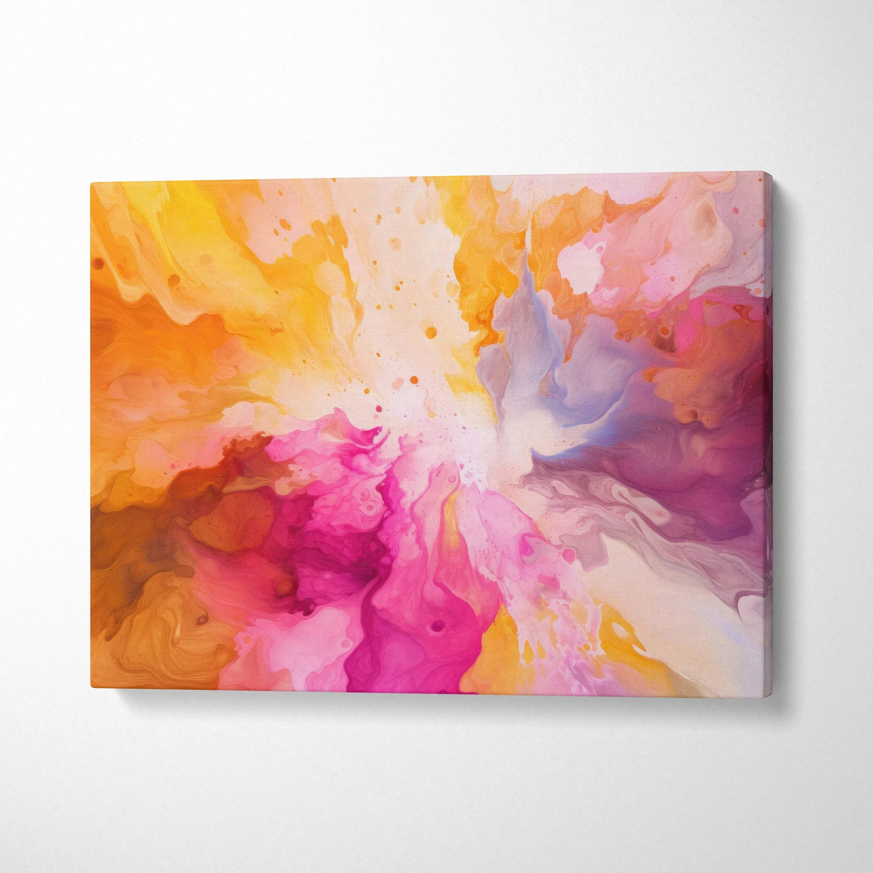 Vibrant abstract digital wall art canvas with swirling orange, pink, and purple hues.
