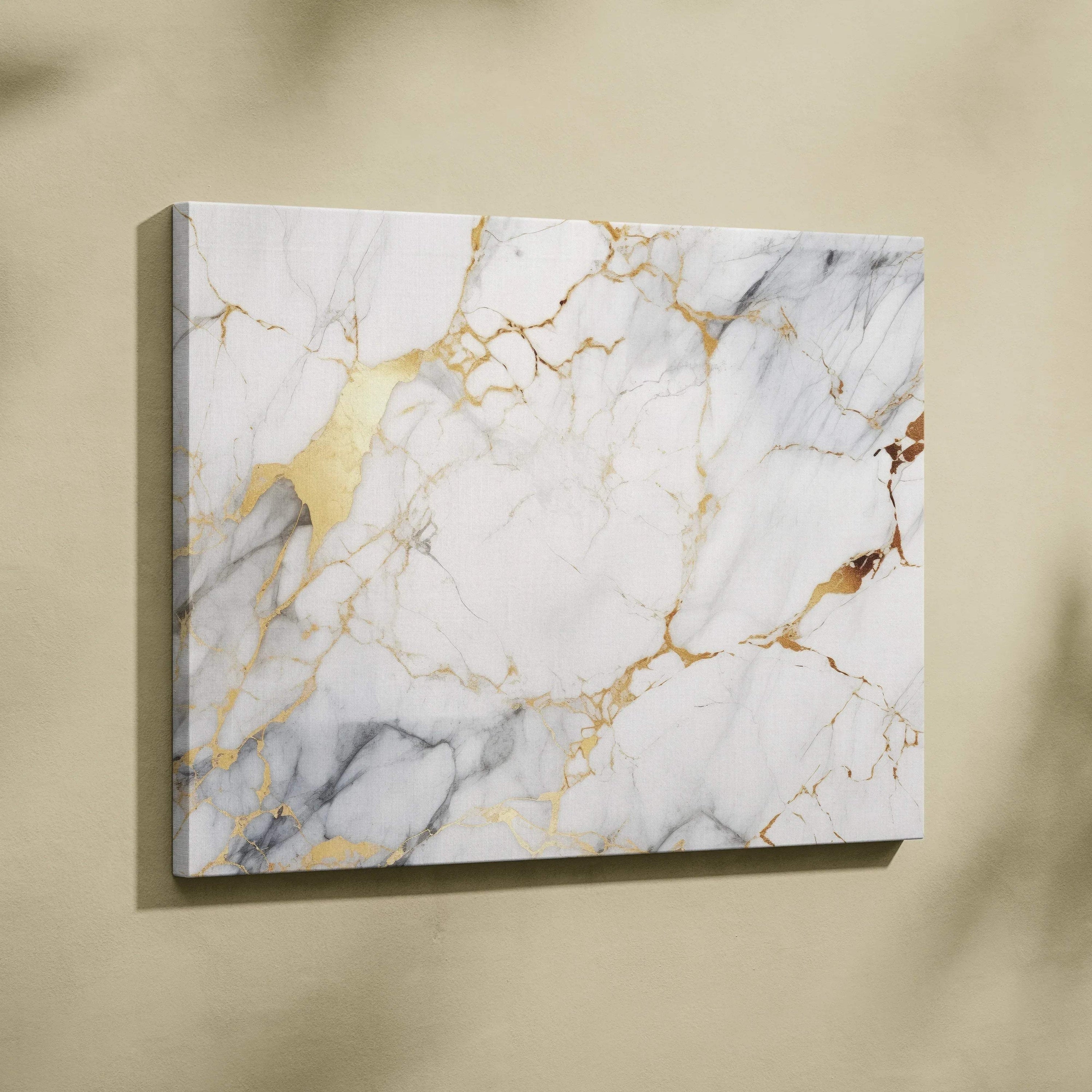 Abstract white and gray marble-patterned canvas art with gold veining for modern wall decor.