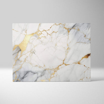Abstract canvas wall art with white, gray, and gold marble-like veins on textured surface.