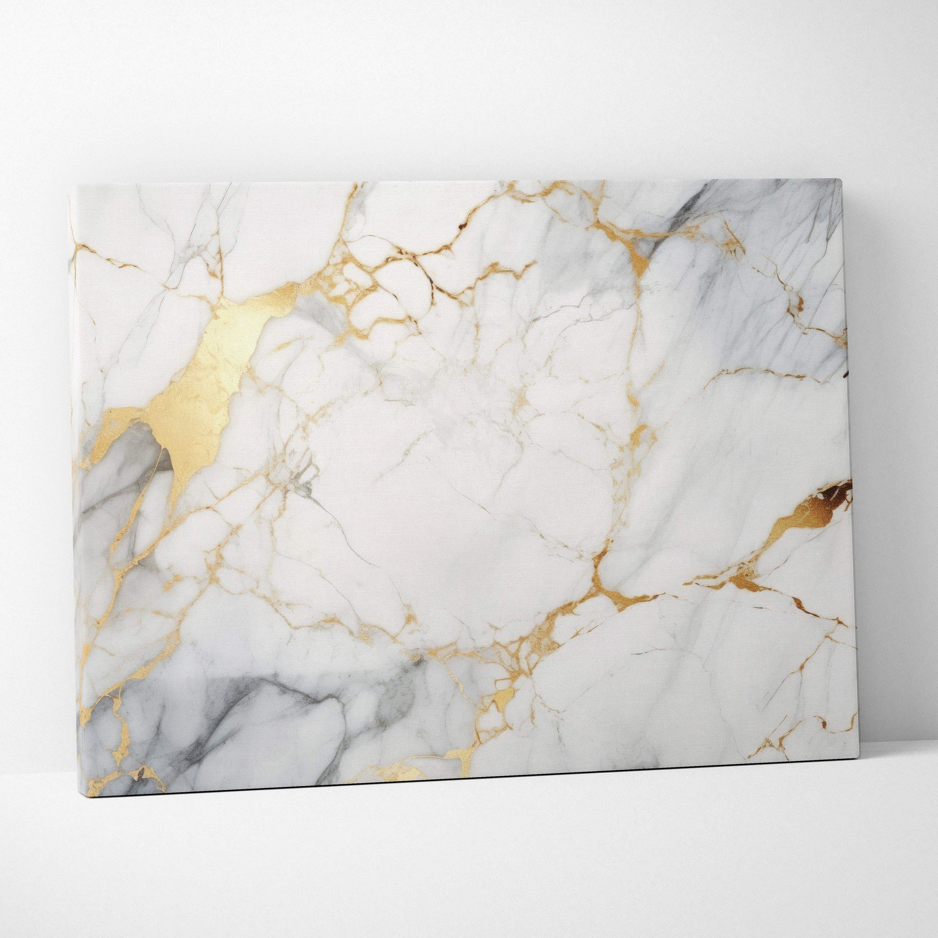Abstract canvas wall art with white and gray marble textures accented by bold gold veins.