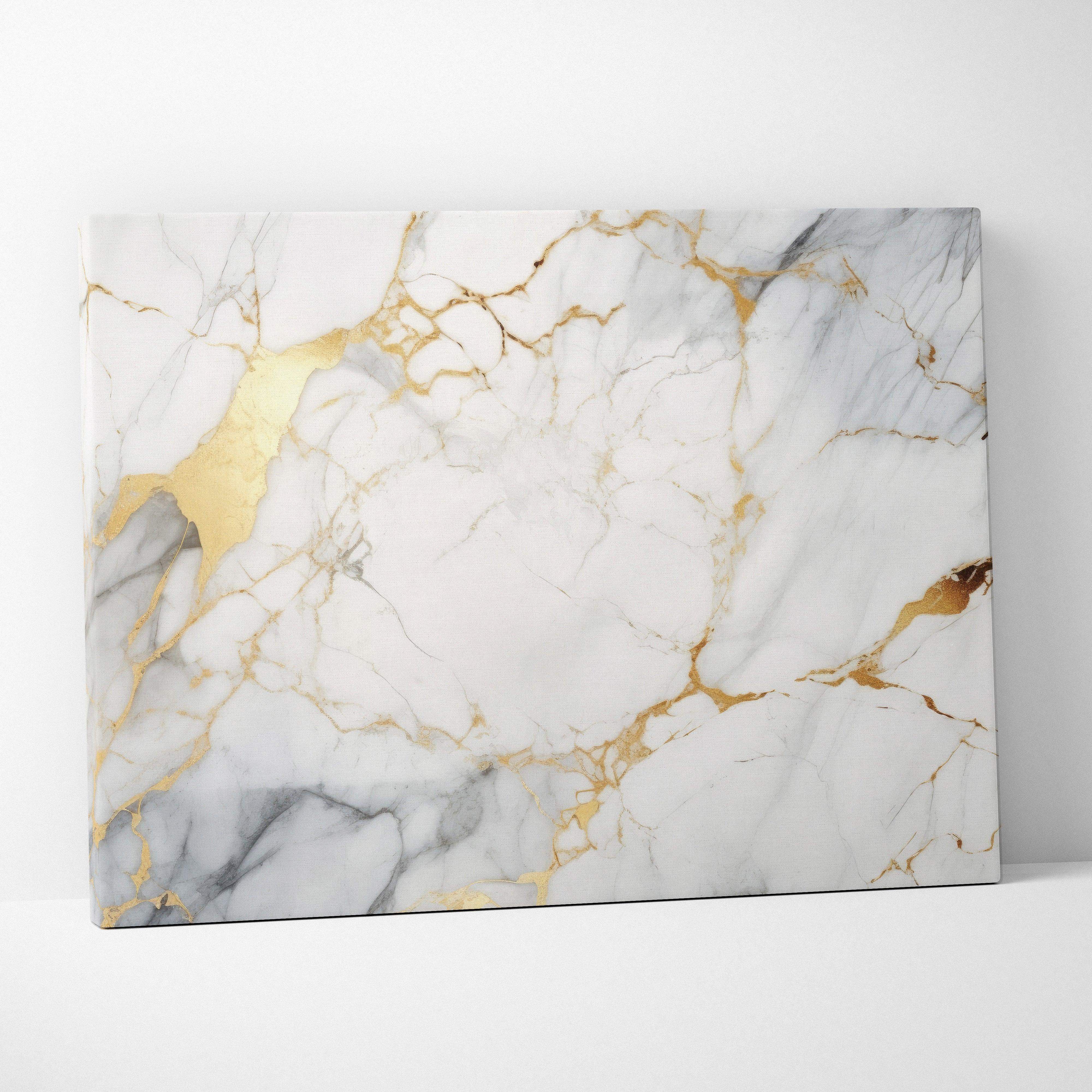 Modern abstract white marble canvas wall art with gold and gray veining in vibrant elegant mood