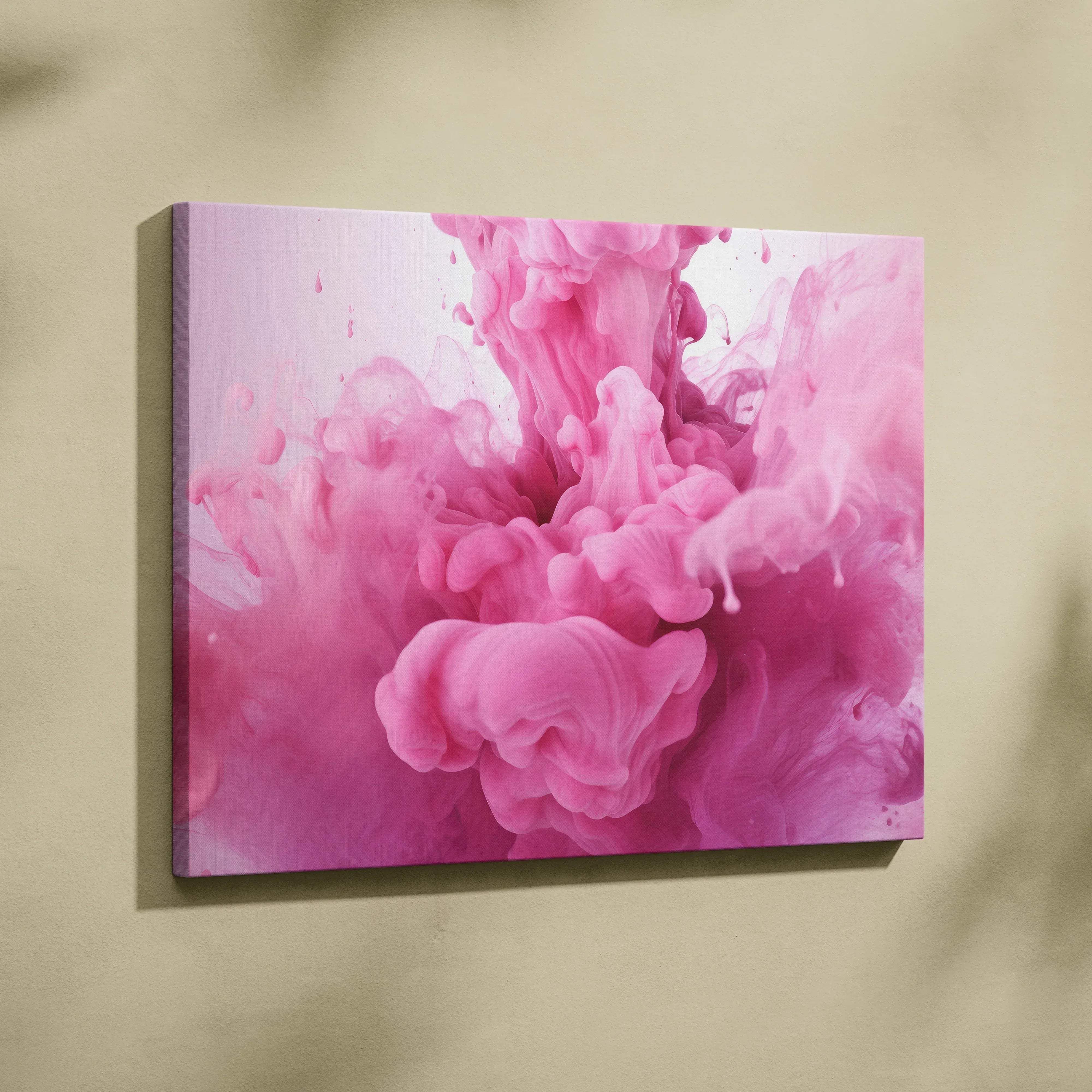 Vibrant pink ink explosion canvas print mounted on wall for modern interiors soft pink dream mood wall art