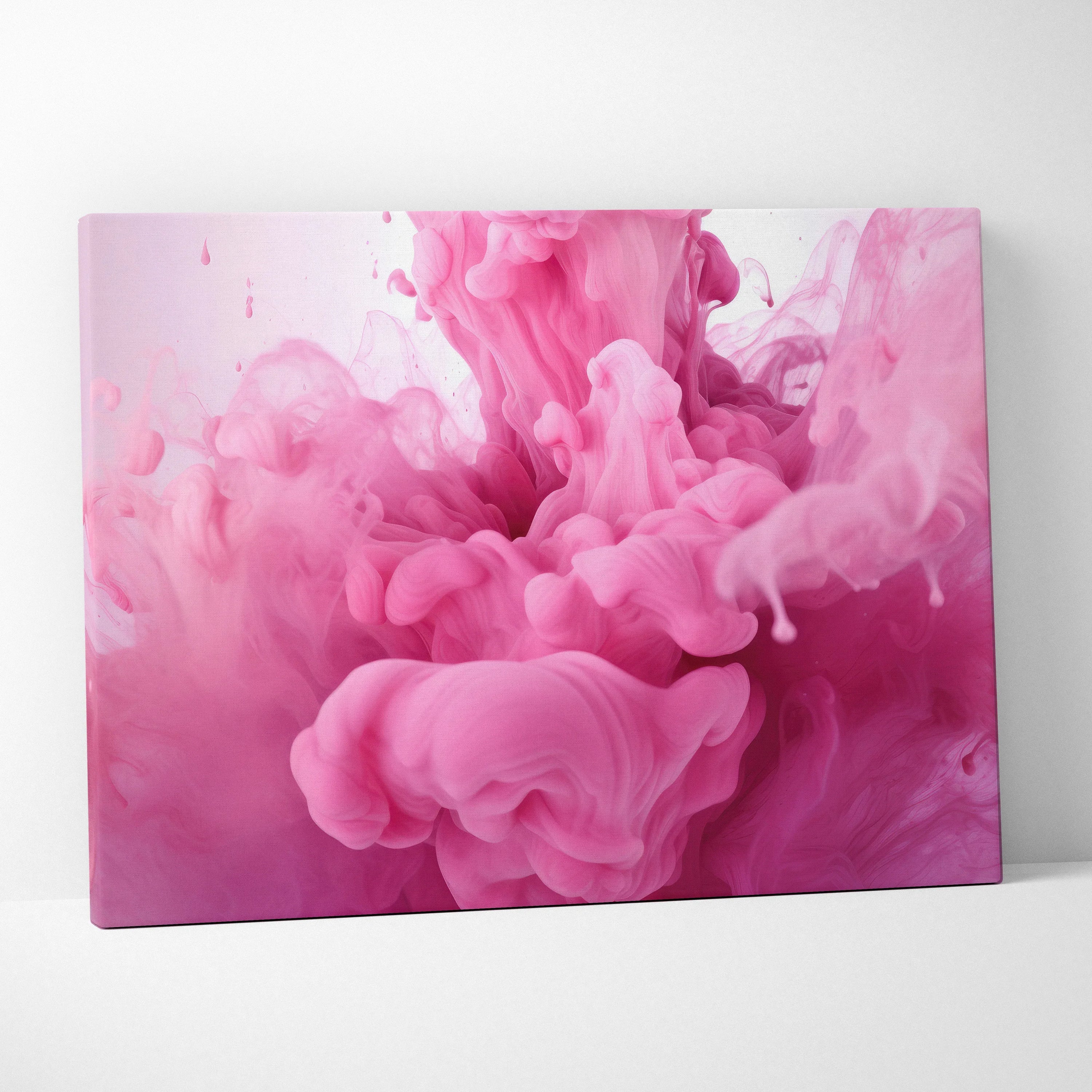 Abstract pink and purple ink swirl on canvas wall art with smooth, flowing texture.