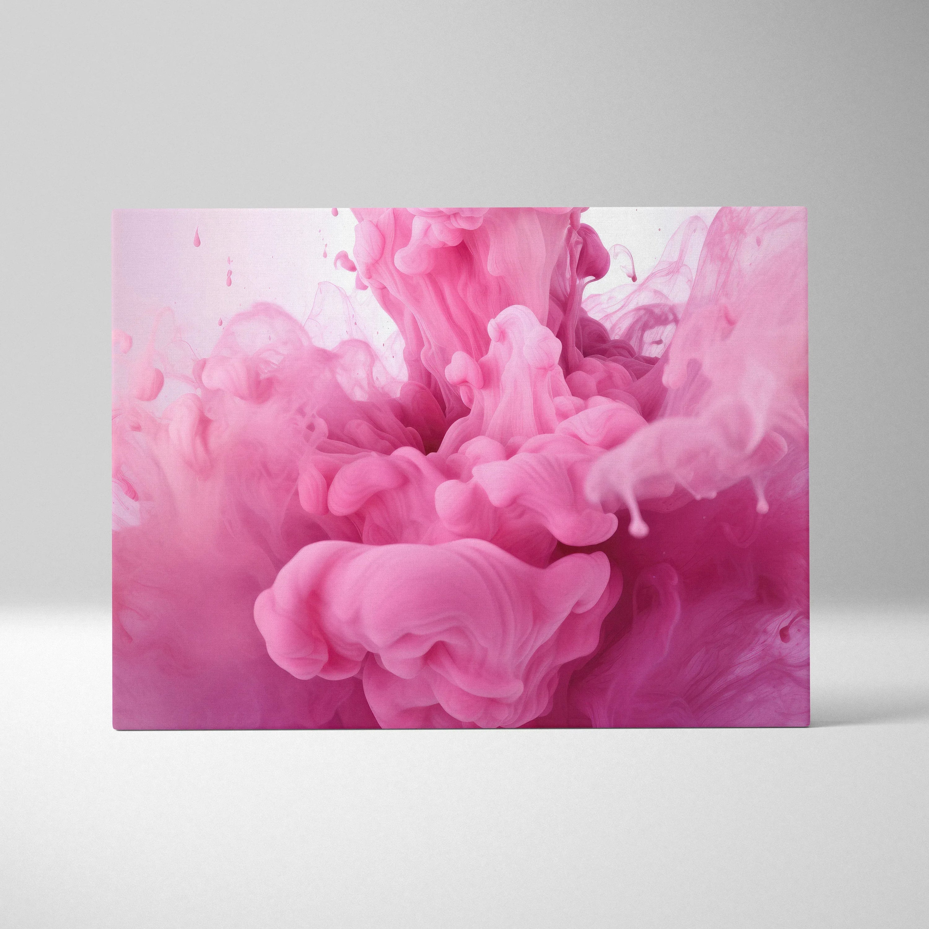 Abstract digital art canvas print featuring vibrant pink and magenta swirling ink clouds on a light background.