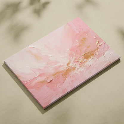Abstract canvas art with soft pink and white brushstrokes accented by gold metallic highlights.
