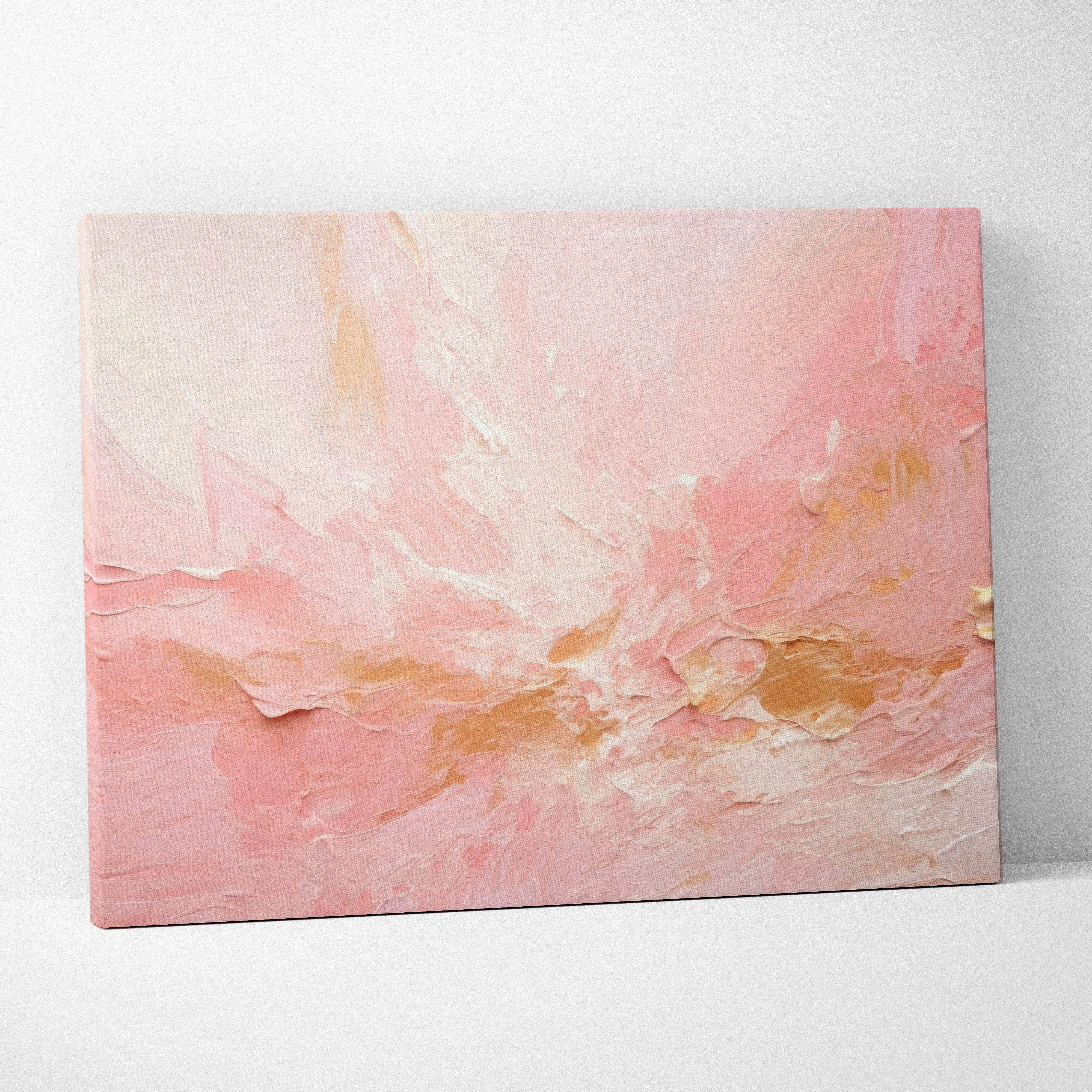 A soft pink and gold abstract canvas painting with textured layered brushstrokes for calm modern home decor