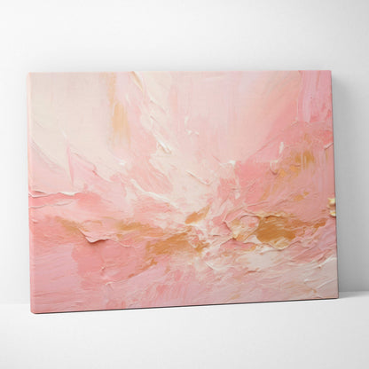 Abstract pink and gold textured canvas wall art with soft brushstroke patterns.
